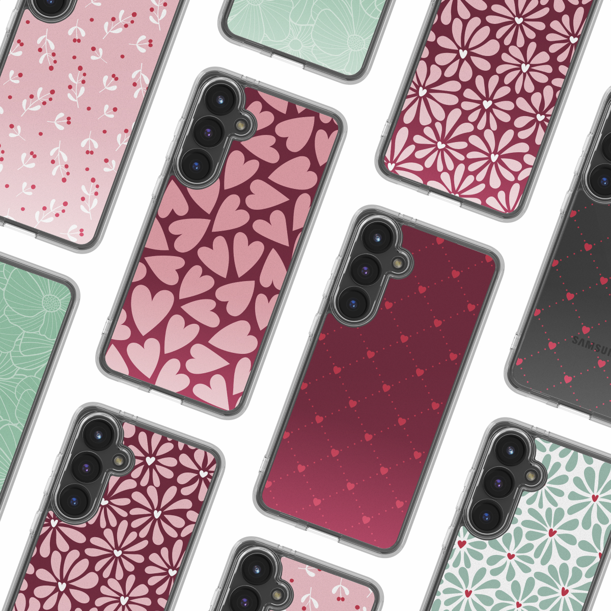 Varias fundas para teléfonos con patrones coloridos que incluyen flores, corazones y puntos sobre fondo blanco.