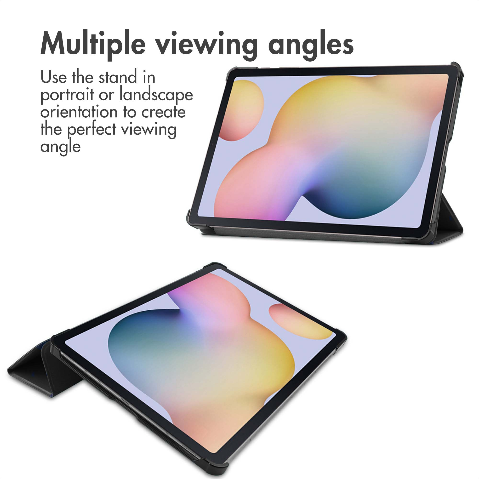 Une tablette dans un étui de protection avec support intégré pour plusieurs angles.