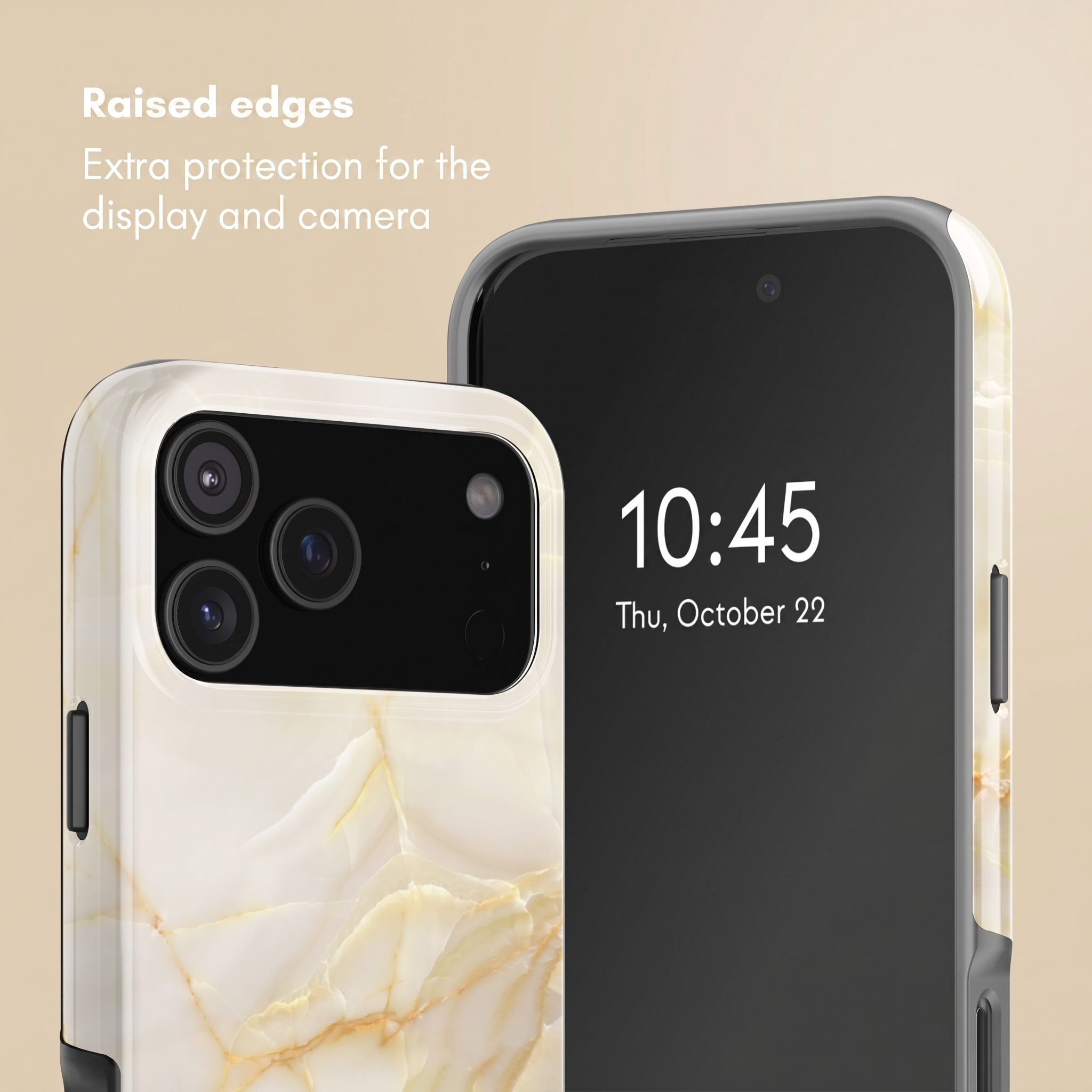 Zwei Smartphones mit marmormusterten Schutzhüllen, die Kameras und Display zeigen.
