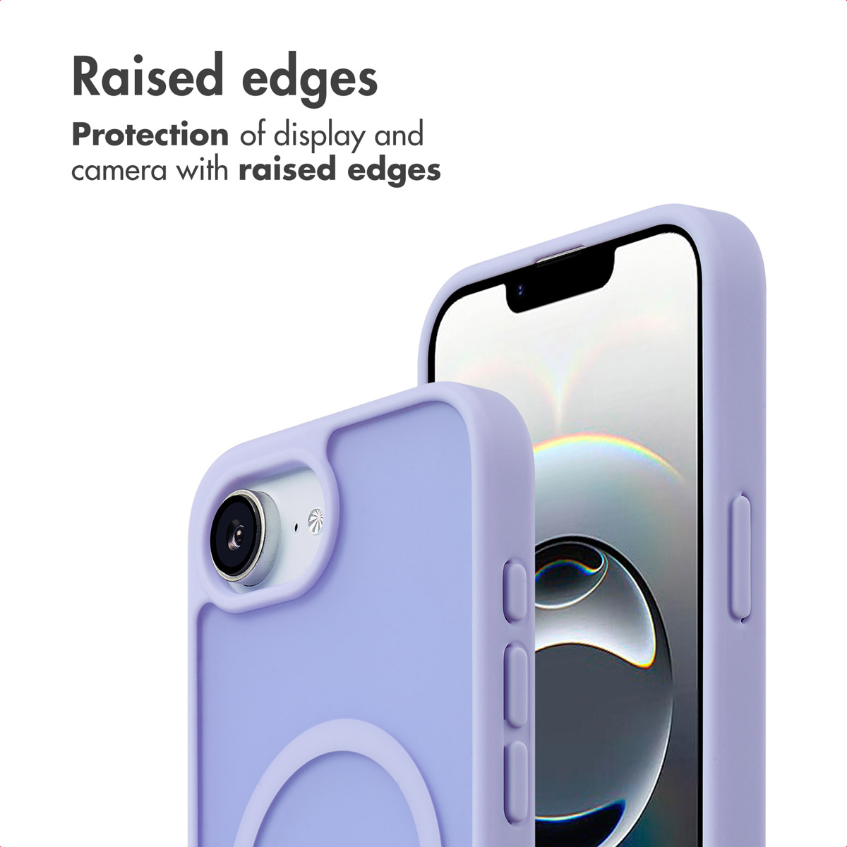 Deux coques de protection violet clair avec bords surélevés pour protéger l'écran et l'appareil photo sur fond blanc.