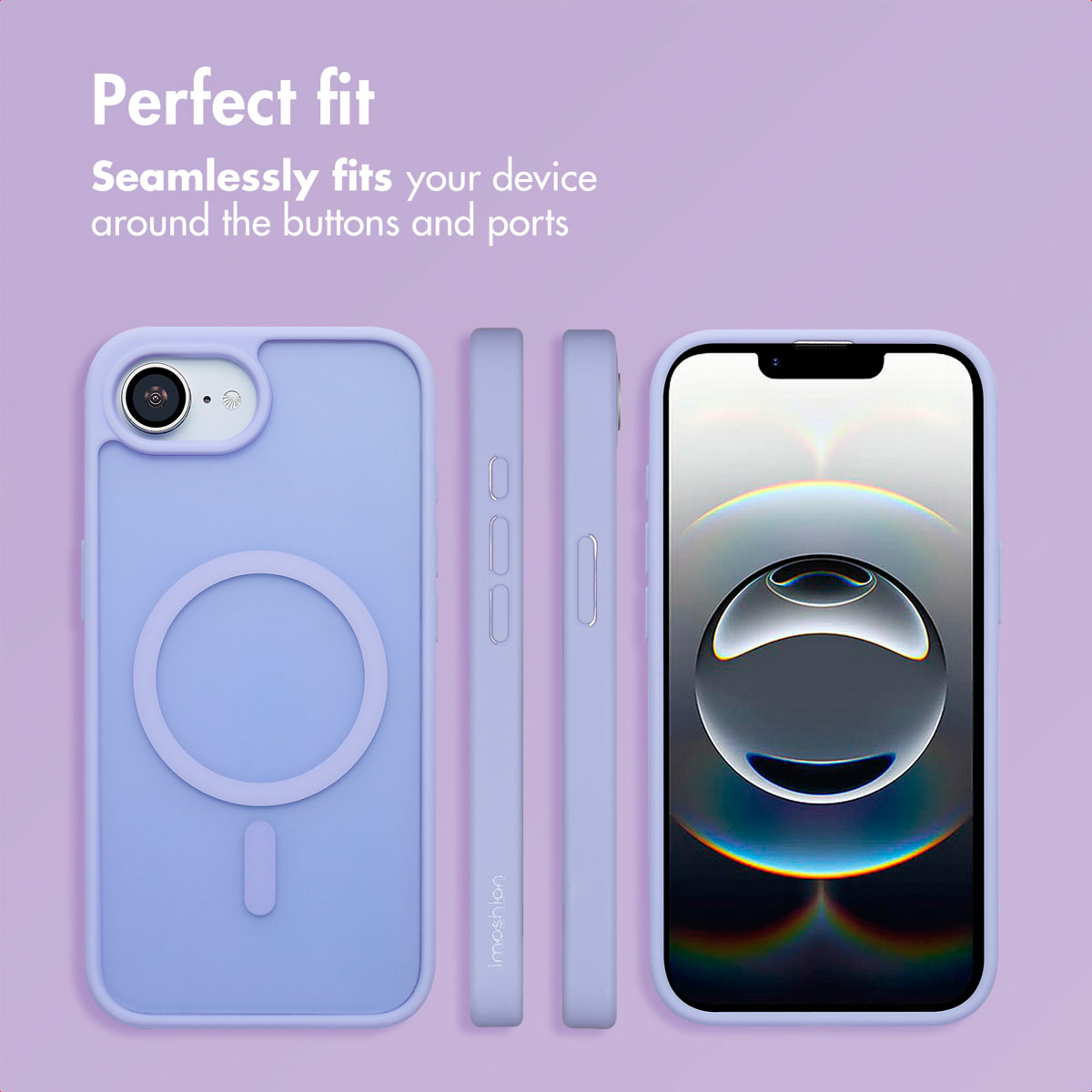 Coque de téléphone violette avec MagSafe montrée sous différents angles sur fond violet.