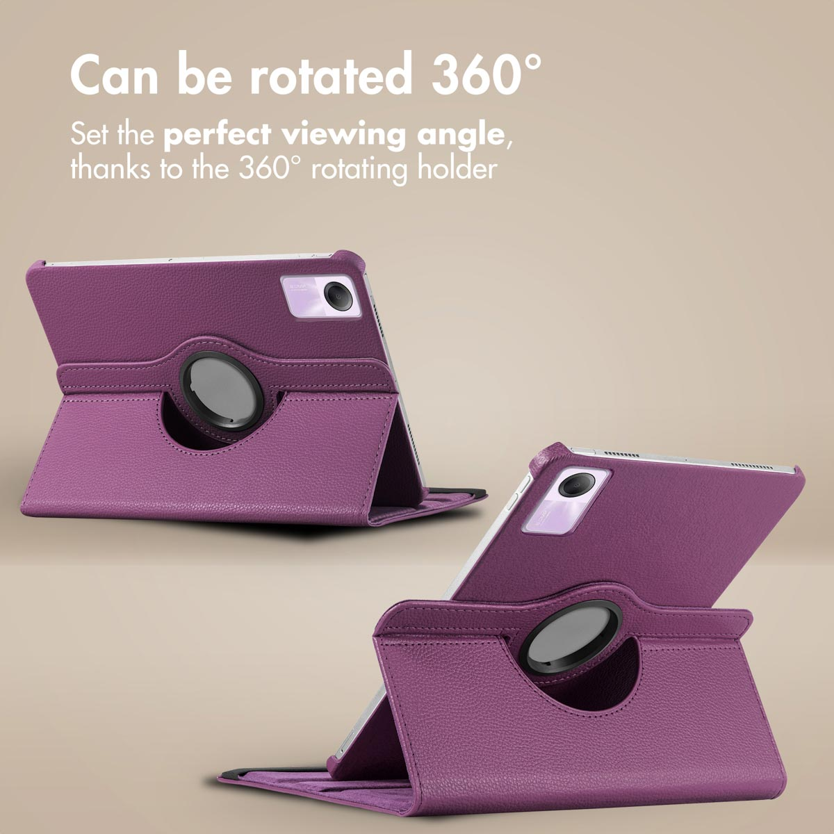 Two purple tablet cases stand against a beige background, showcasing a rotating stand feature.