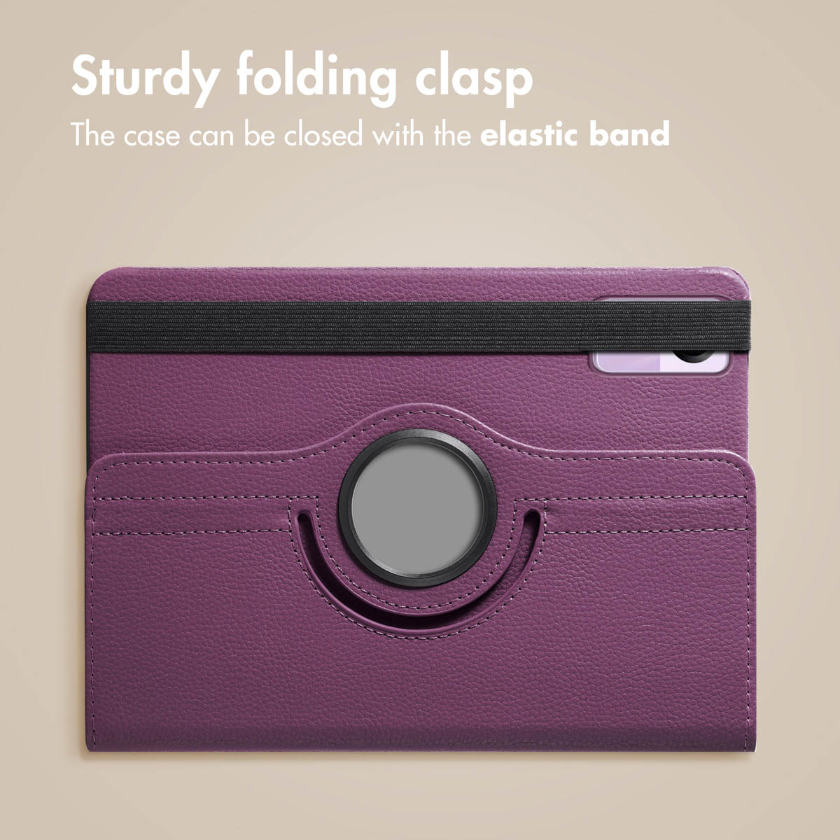 Purple tablet case with a black elastic band and a round stand on the back.