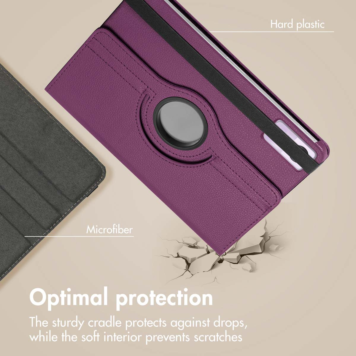 A purple tablet case with hard plastic and microfiber interior for optimal drop and scratch protection.