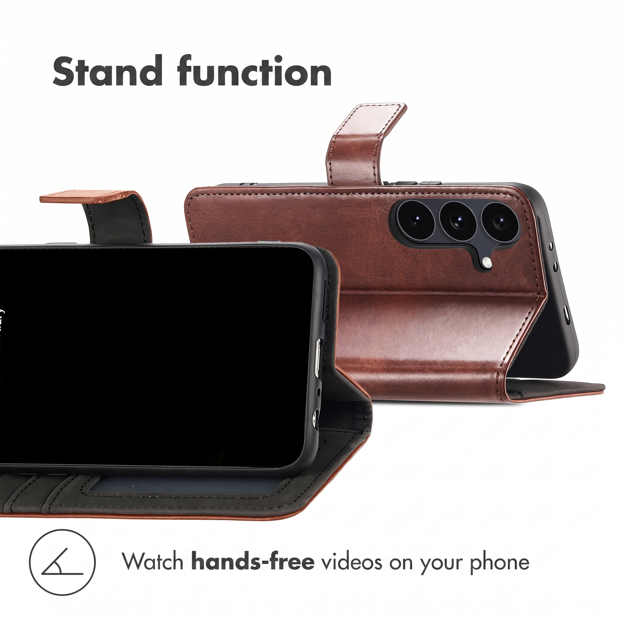Braune Leder-Smartphone-Hülle als Ständer, Vorder- und Rückansicht auf weißem Hintergrund.