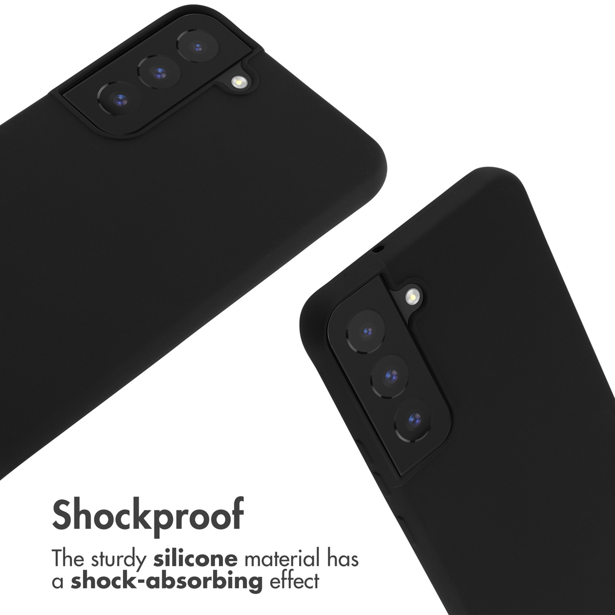 Dos fundas de móvil negras con tres cámaras y texto sobre silicona antigolpes.
