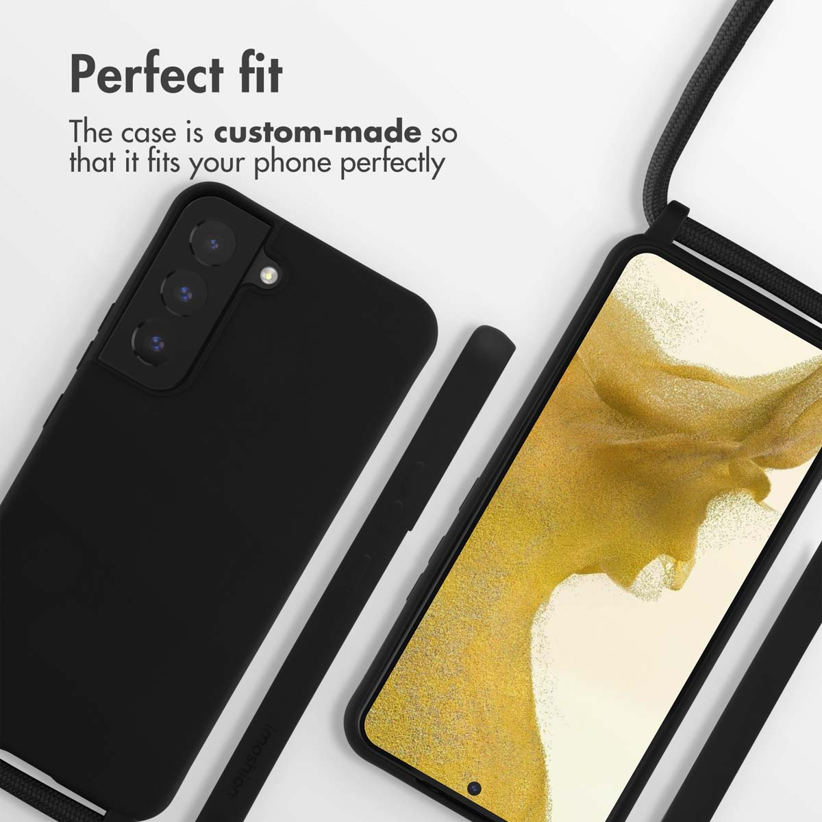 Un smartphone en una funda negra a medida con correa, texto "Perfect fit" arriba.
