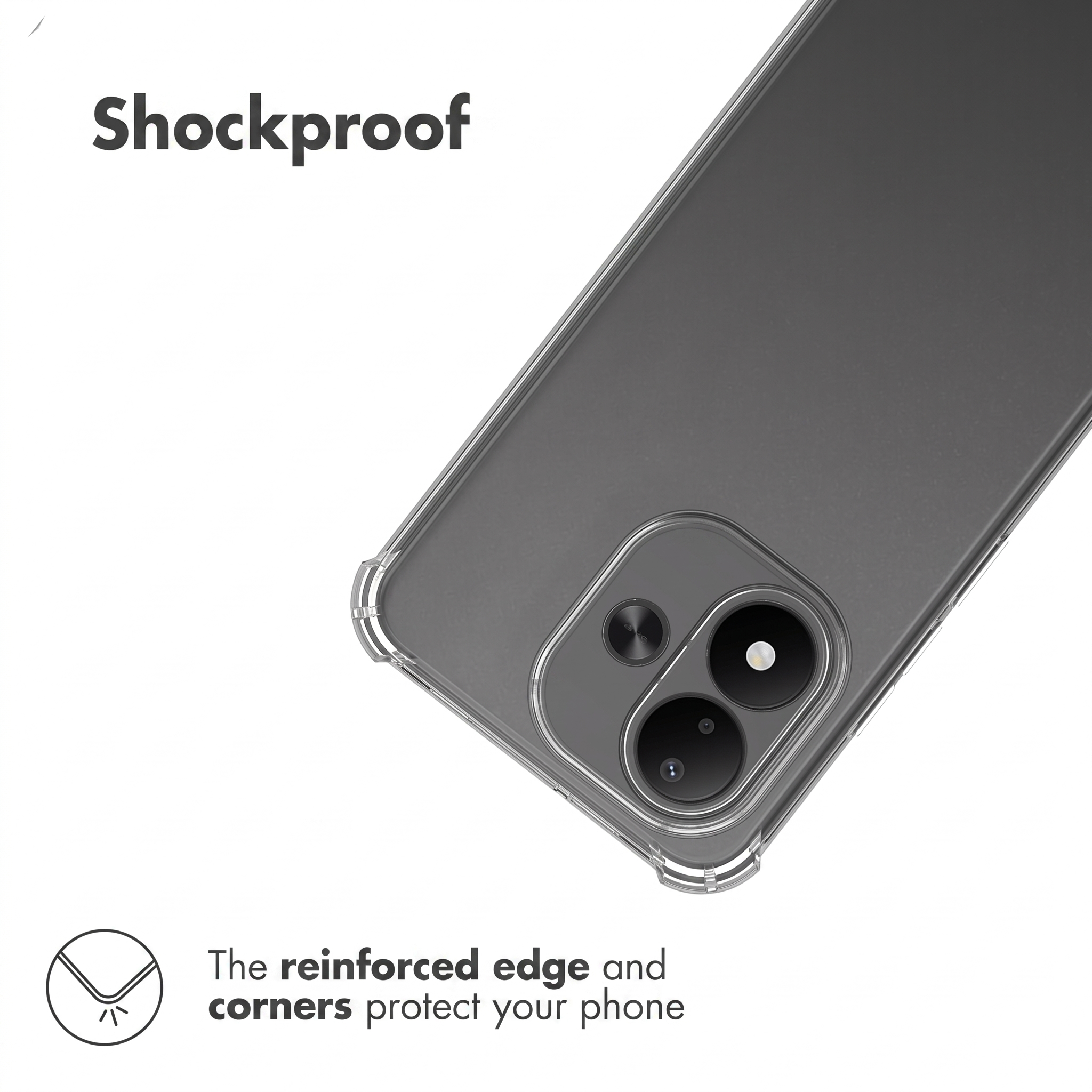 Une coque de smartphone grise avec des coins renforcés et deux objectifs de caméra.