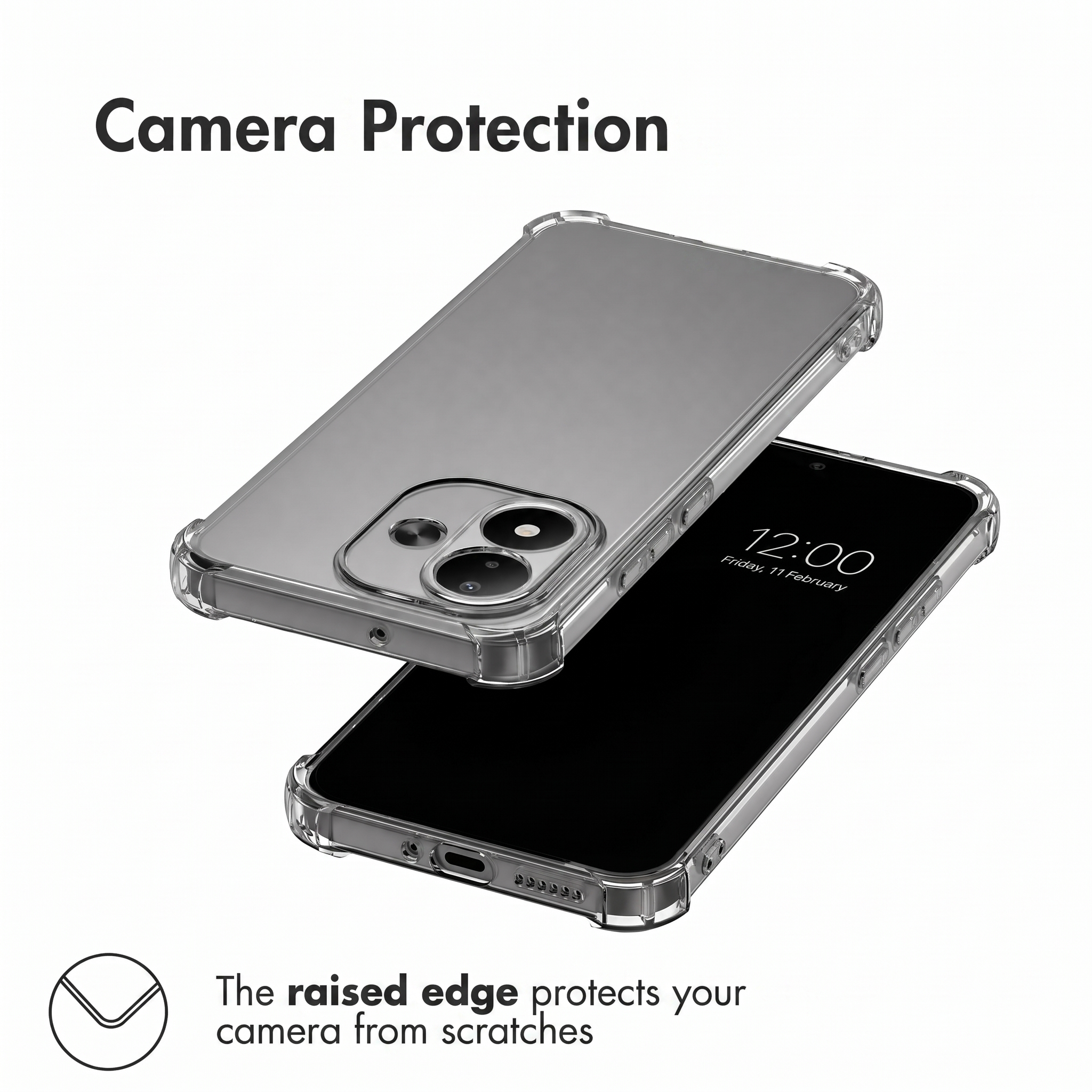 Coque de téléphone transparente avec bords surélevés pour protéger l'appareil photo.