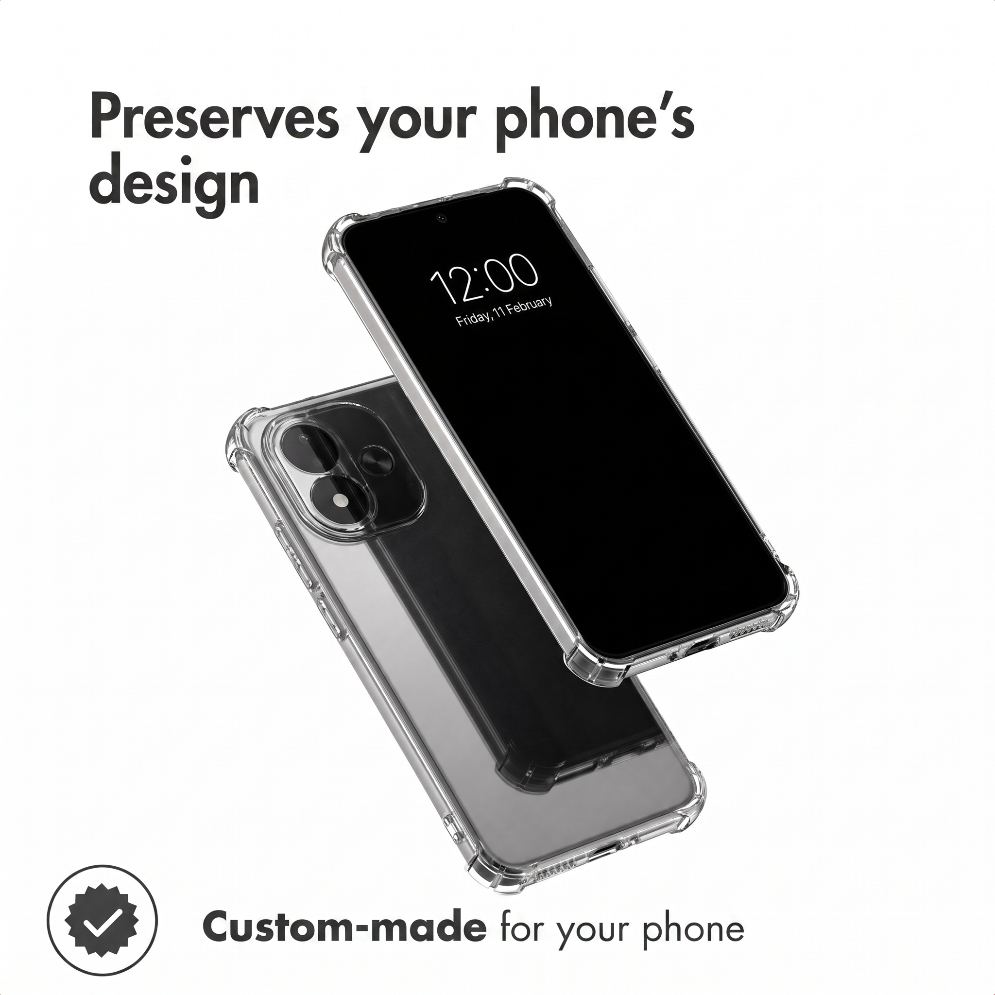 Deux smartphones dans une coque transparente avec du texte.