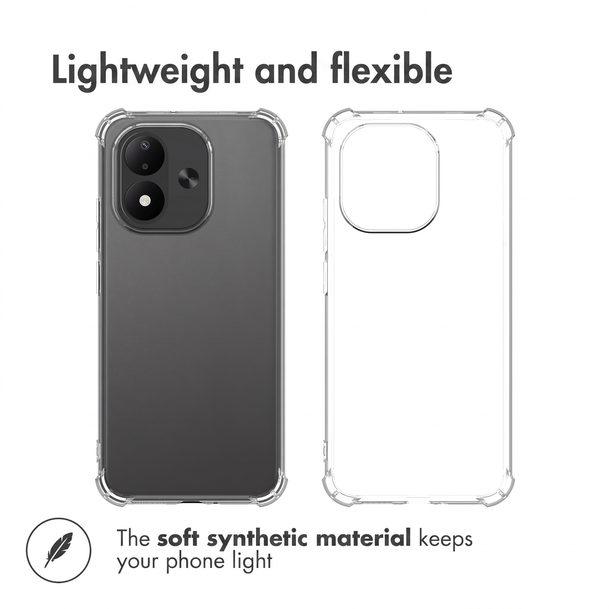 Coque de téléphone transparente, légère et flexible, montrant les vues avant et arrière.