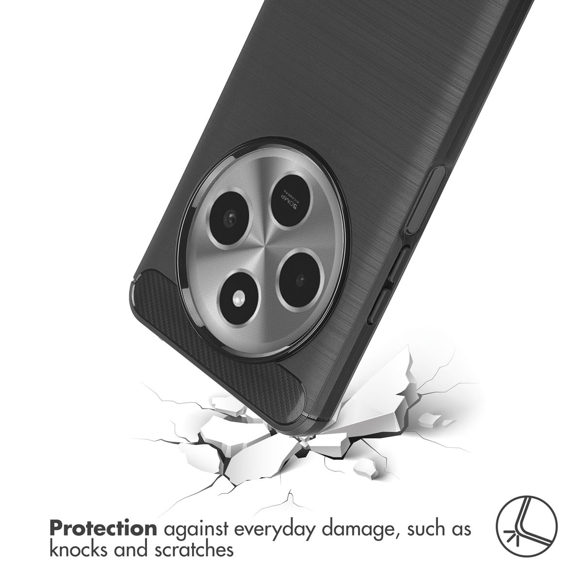 Un smartphone negro con funda protectora cae sobre suelo agrietado, mostrando protección contra impactos.