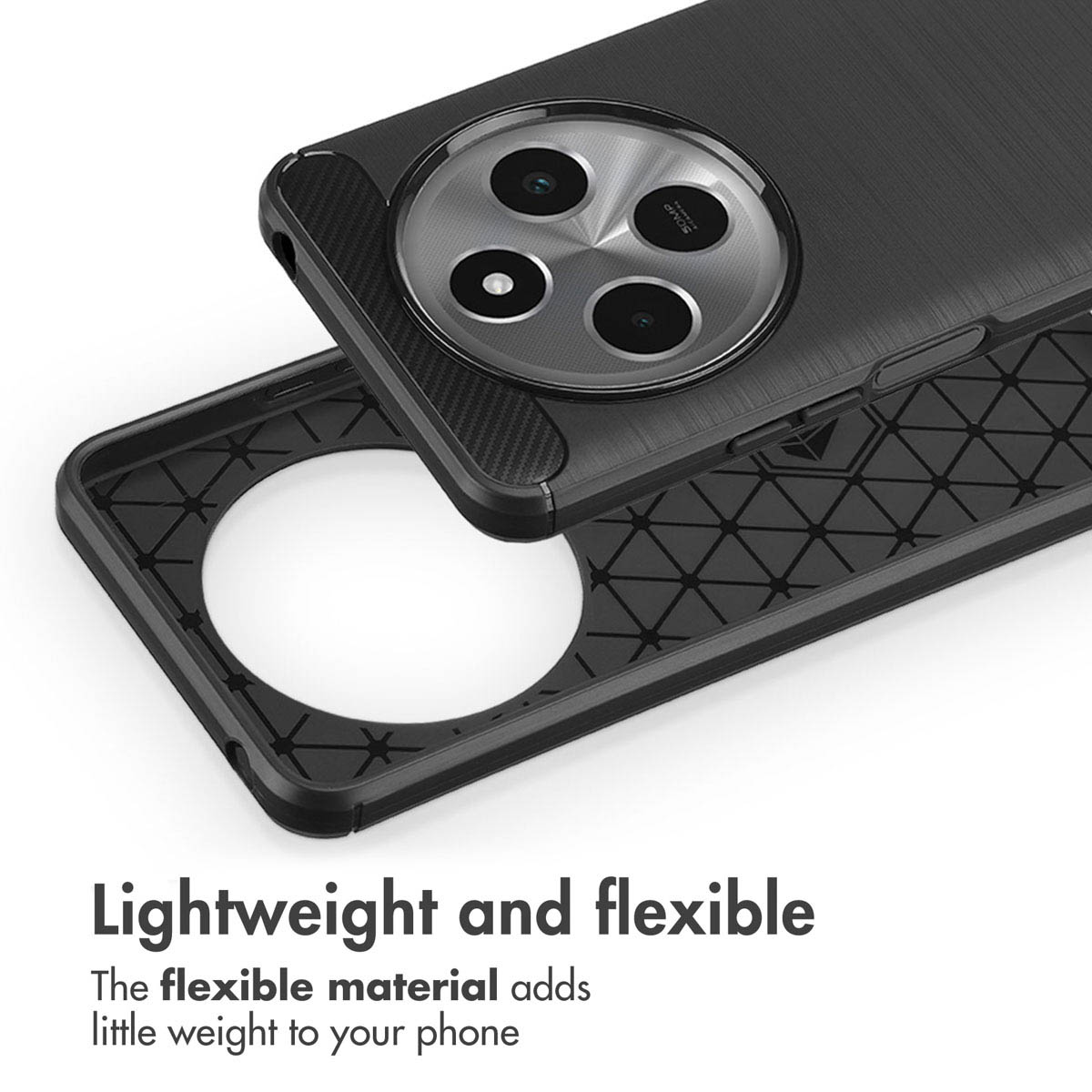 Funda de teléfono negra con recorte circular para cámara y texto.