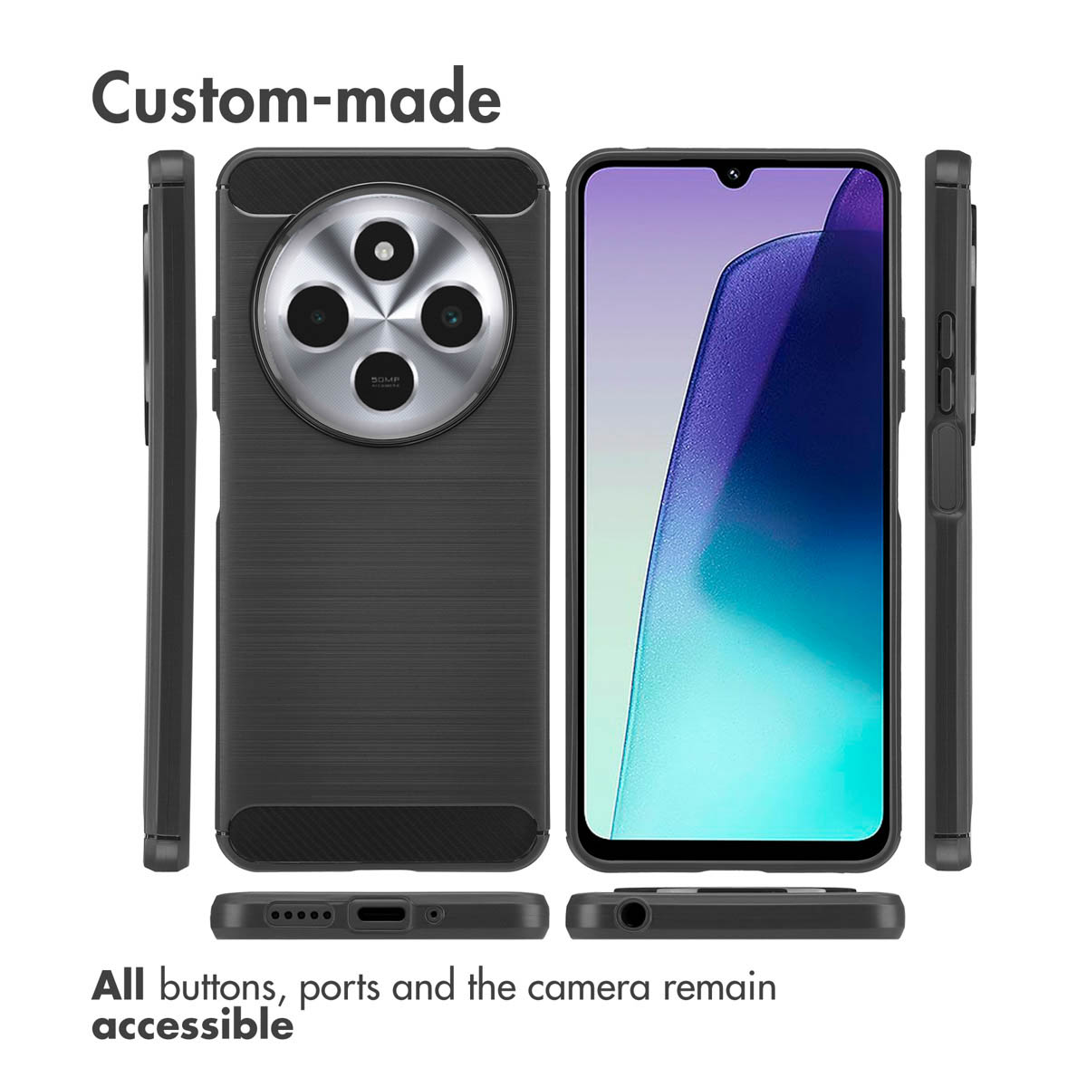 Funda para smartphone negra hecha a medida con módulo de cámara circular, mostrando múltiples ángulos y puertos accesibles.