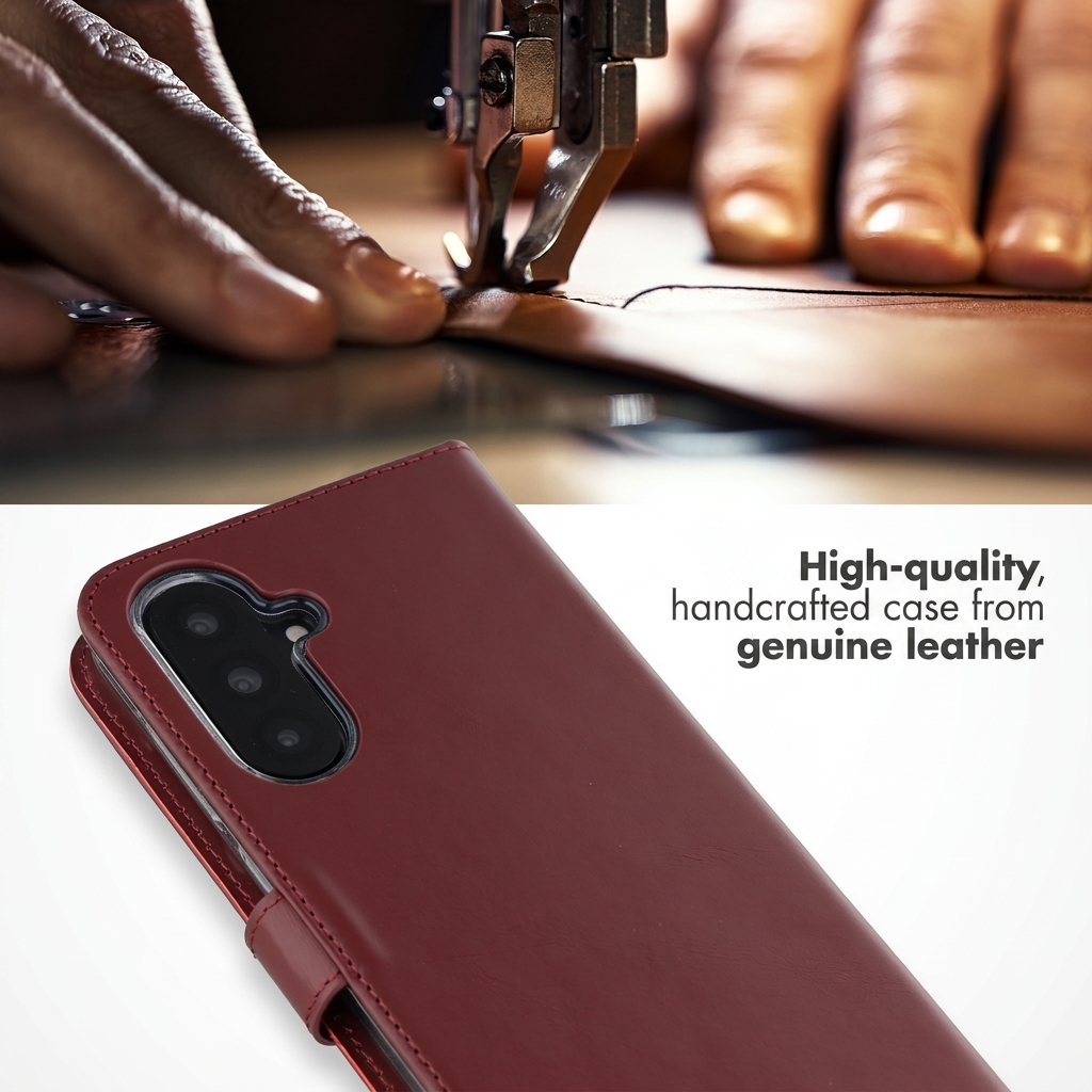 Funda para teléfono de cuero genuino rojo hecha a mano bajo una máquina de coser.