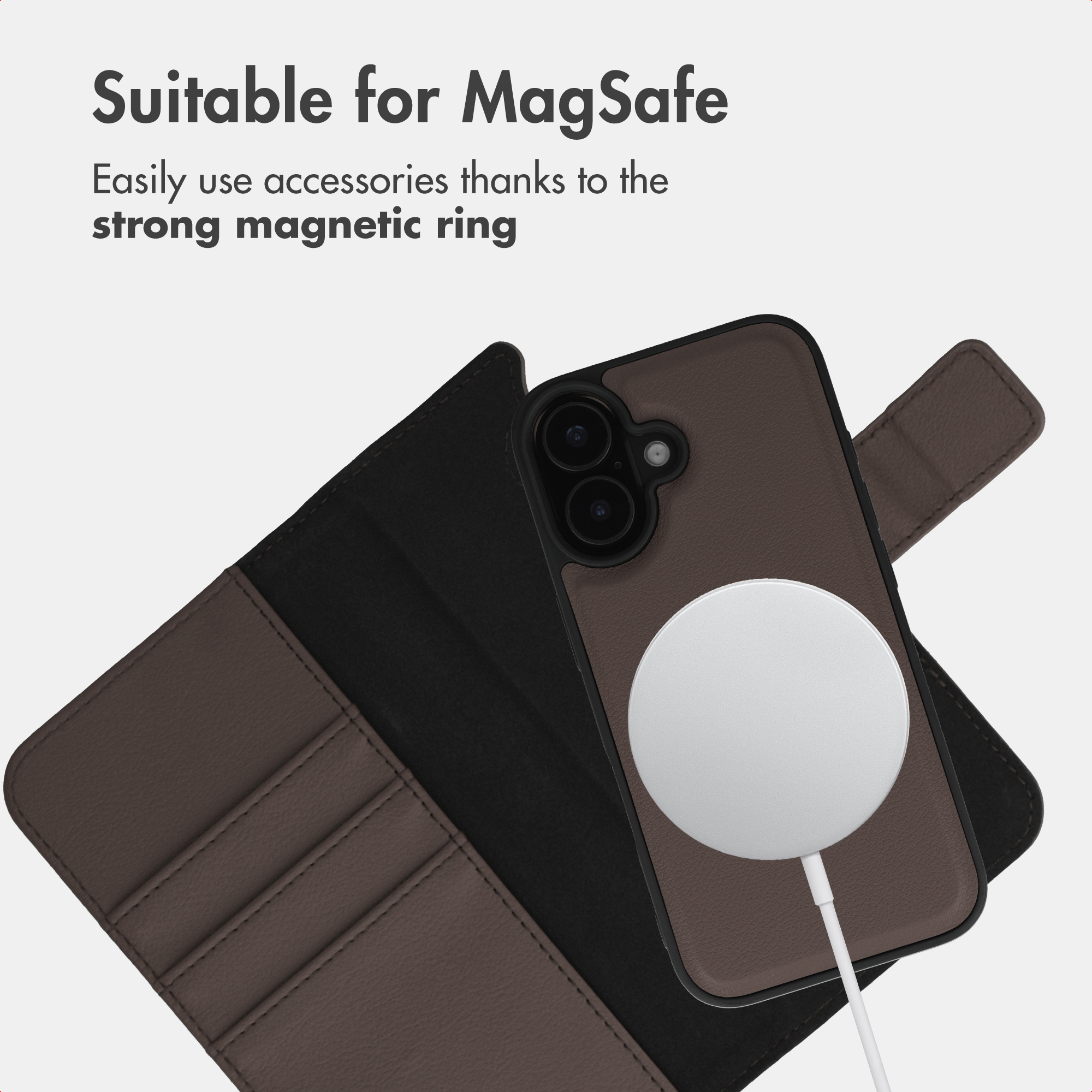 Custodia per telefono marrone con caricabatterie MagSafe e testo.
