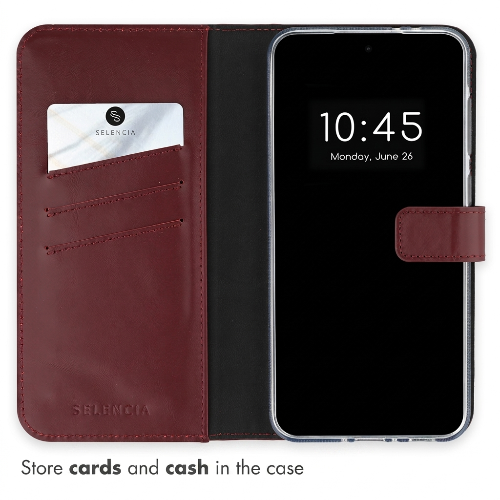 Una funda de piel burdeos sostiene un smartphone a la derecha y tiene tarjeteros con una tarjeta a la izquierda.