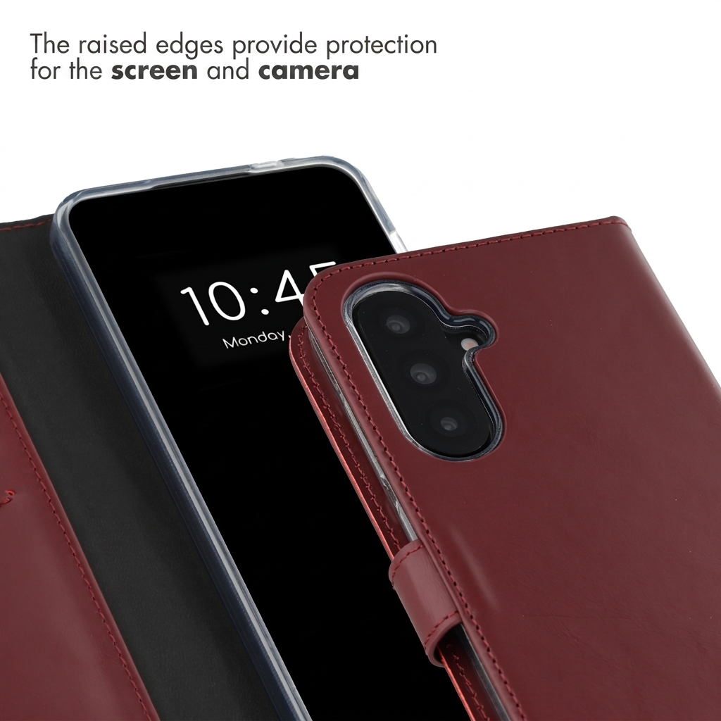 Fundas de piel roja para smartphone con cámara visible.