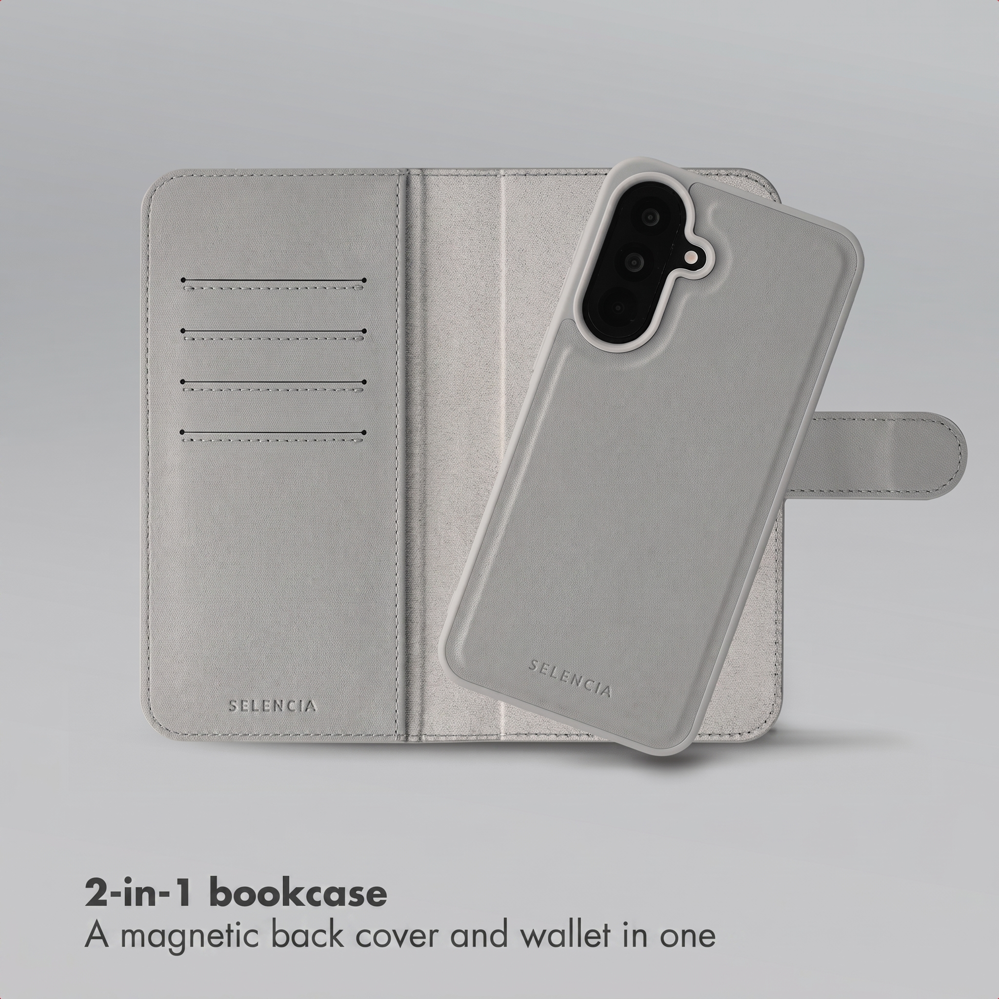 Grey Selencia 2-in-1 bookcase with magnetic phone case and wallet slots against a light gray background.