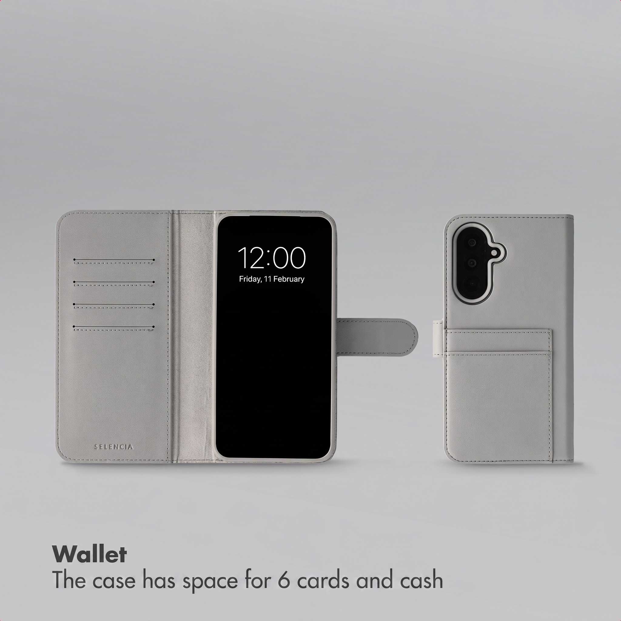 A grey wallet phone case with card slots and a smartphone shown open and closed.