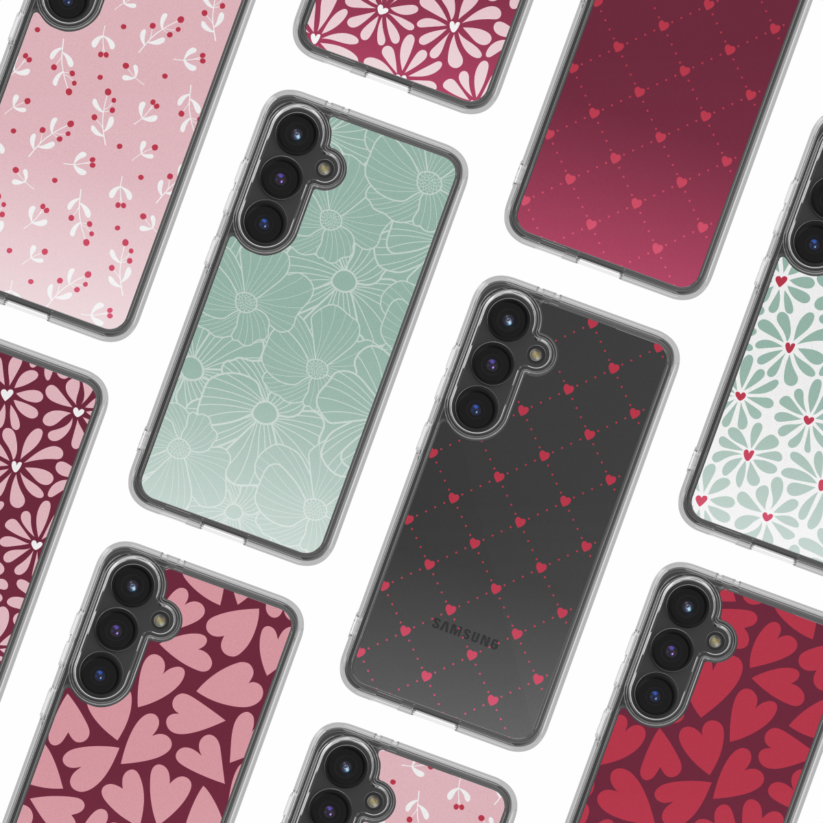 Varios teléfonos inteligentes con fundas decorativas de corazones, flores y patrones sobre fondo blanco.