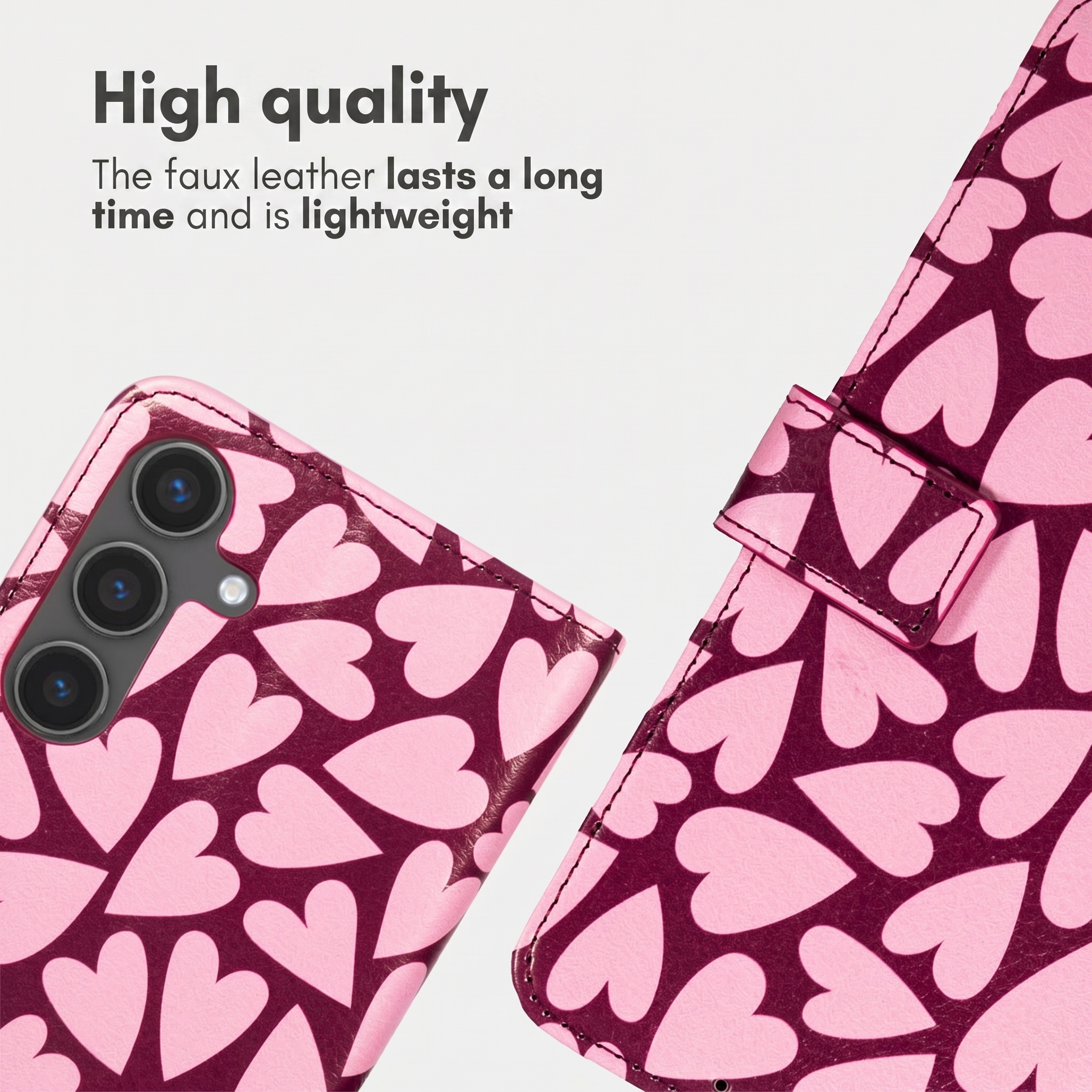 Kunstlederen telefoonhoesje met roZE hartjespatroon op donkere achtergrond.