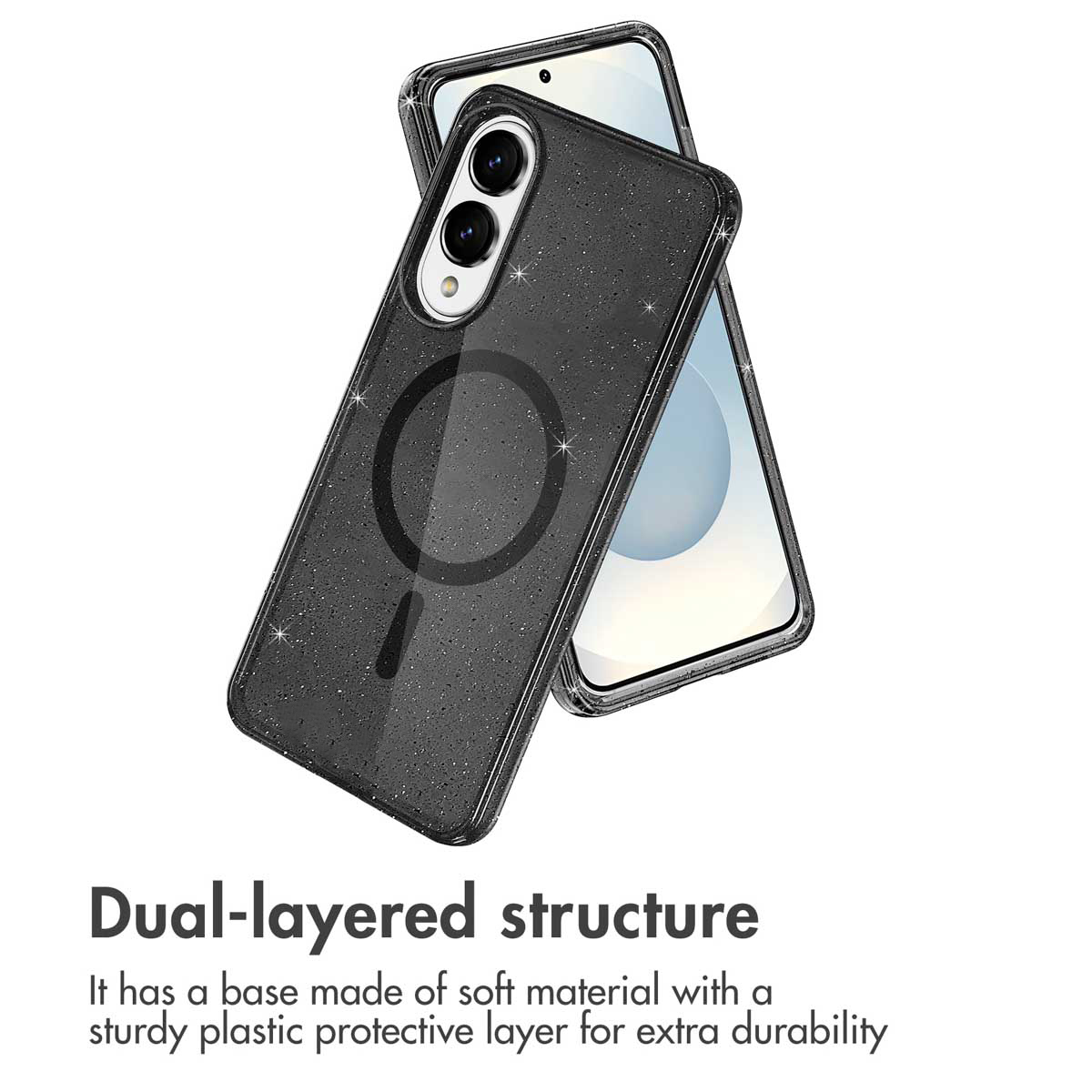 Cover per telefono nera glitterata con anello MagSafe e struttura a doppio strato.