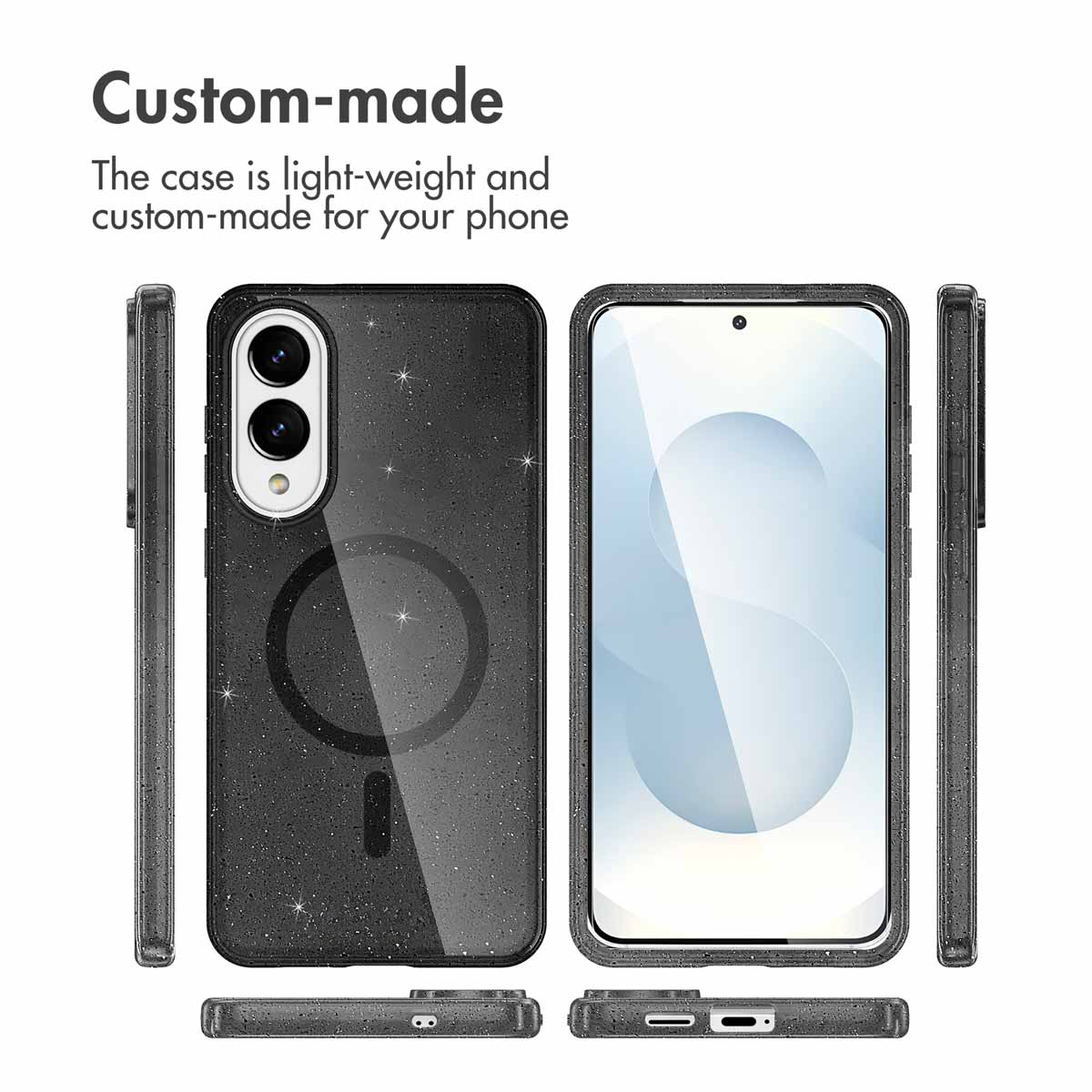 Cover per telefono nera glitterata con anello MagSafe, mostrata da più angolazioni.