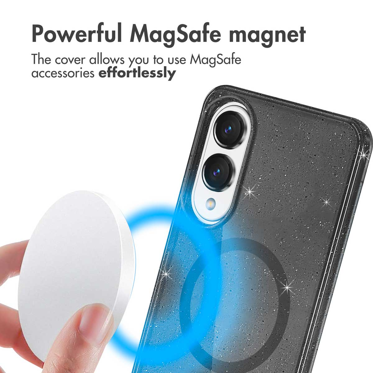 Custodia per telefono glitterata con potente magnete MagSafe.