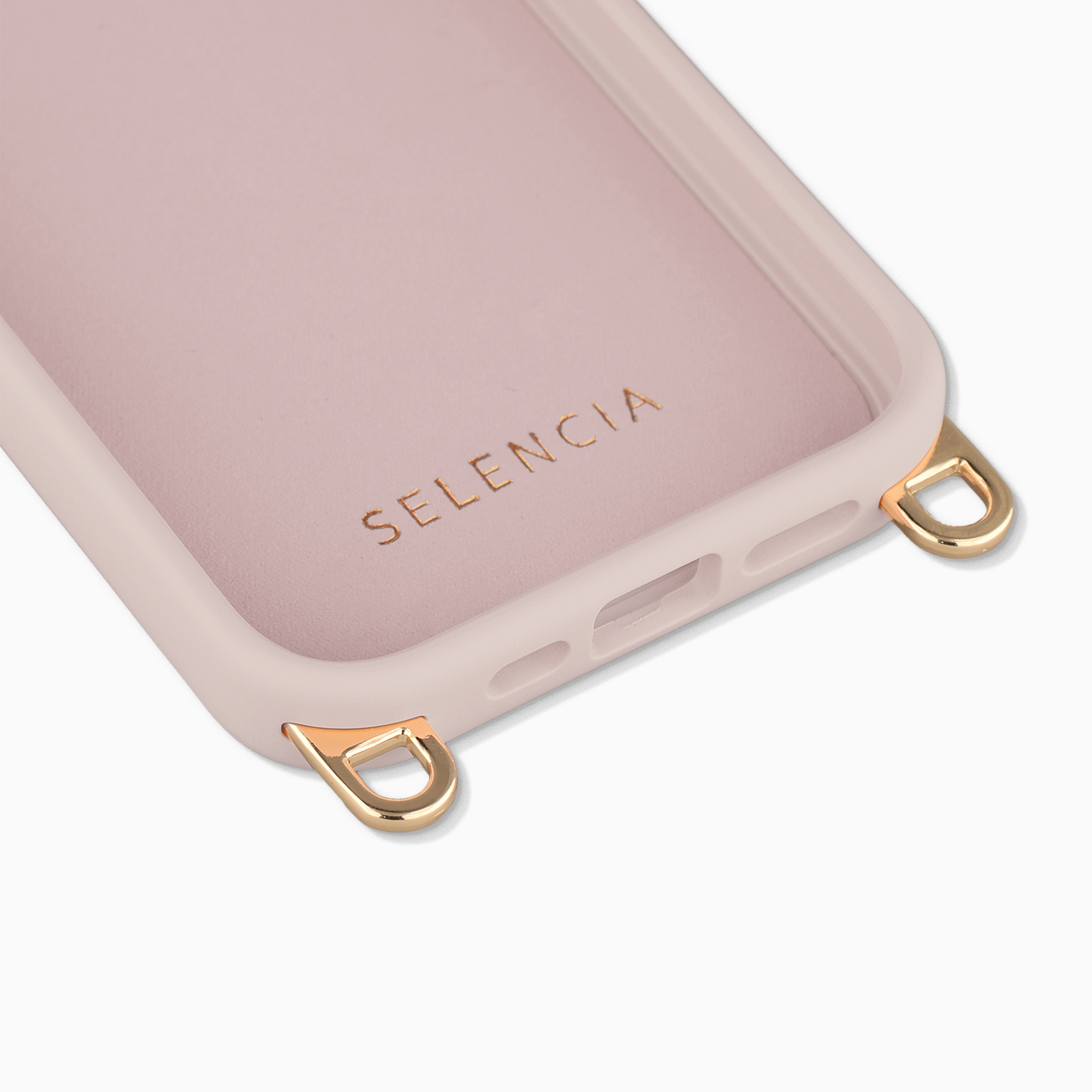 Coque de téléphone rose avec logo Selencia et anneaux dorés.