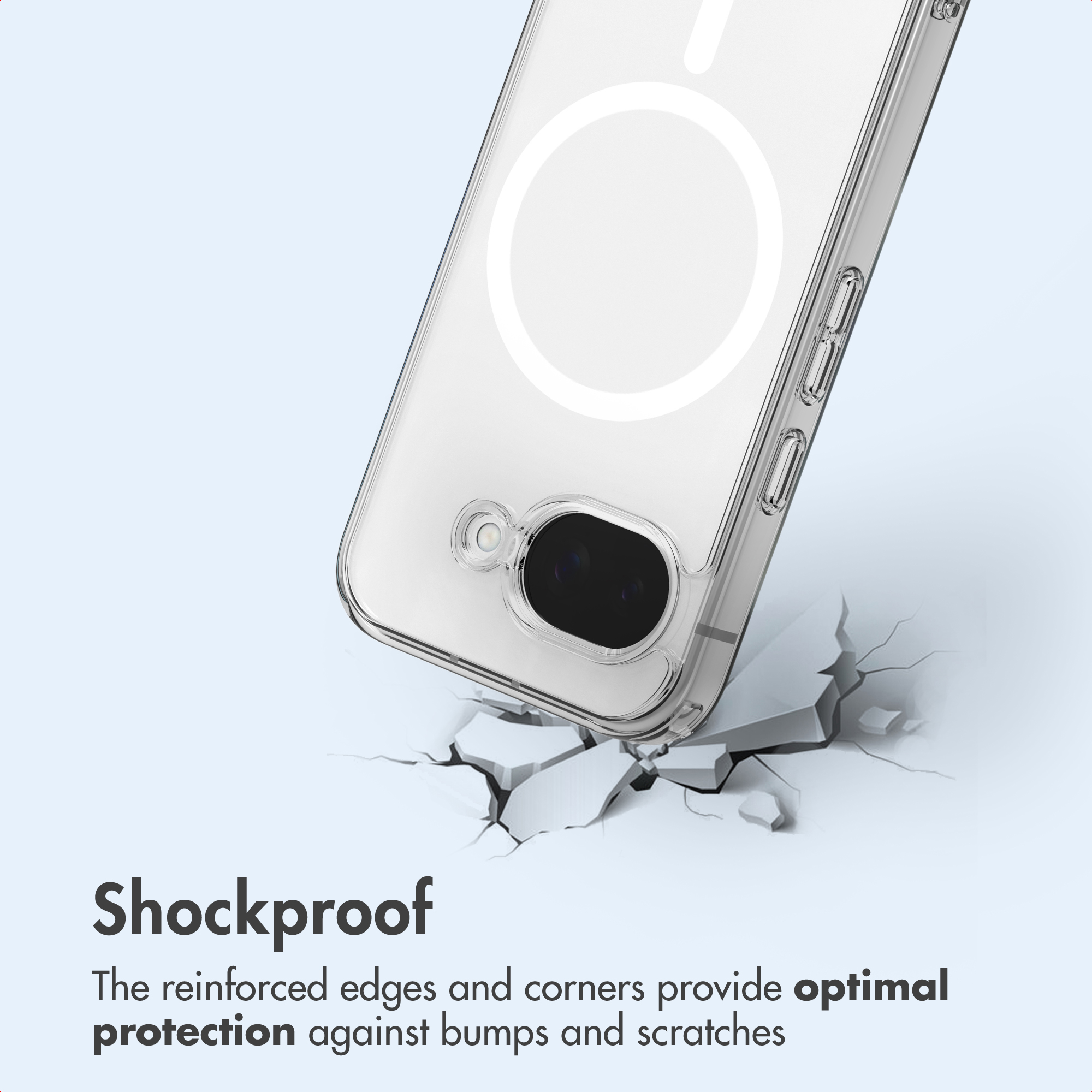 Una funda protectora transparente protege un smartphone que impacta contra hormigón agrietado.