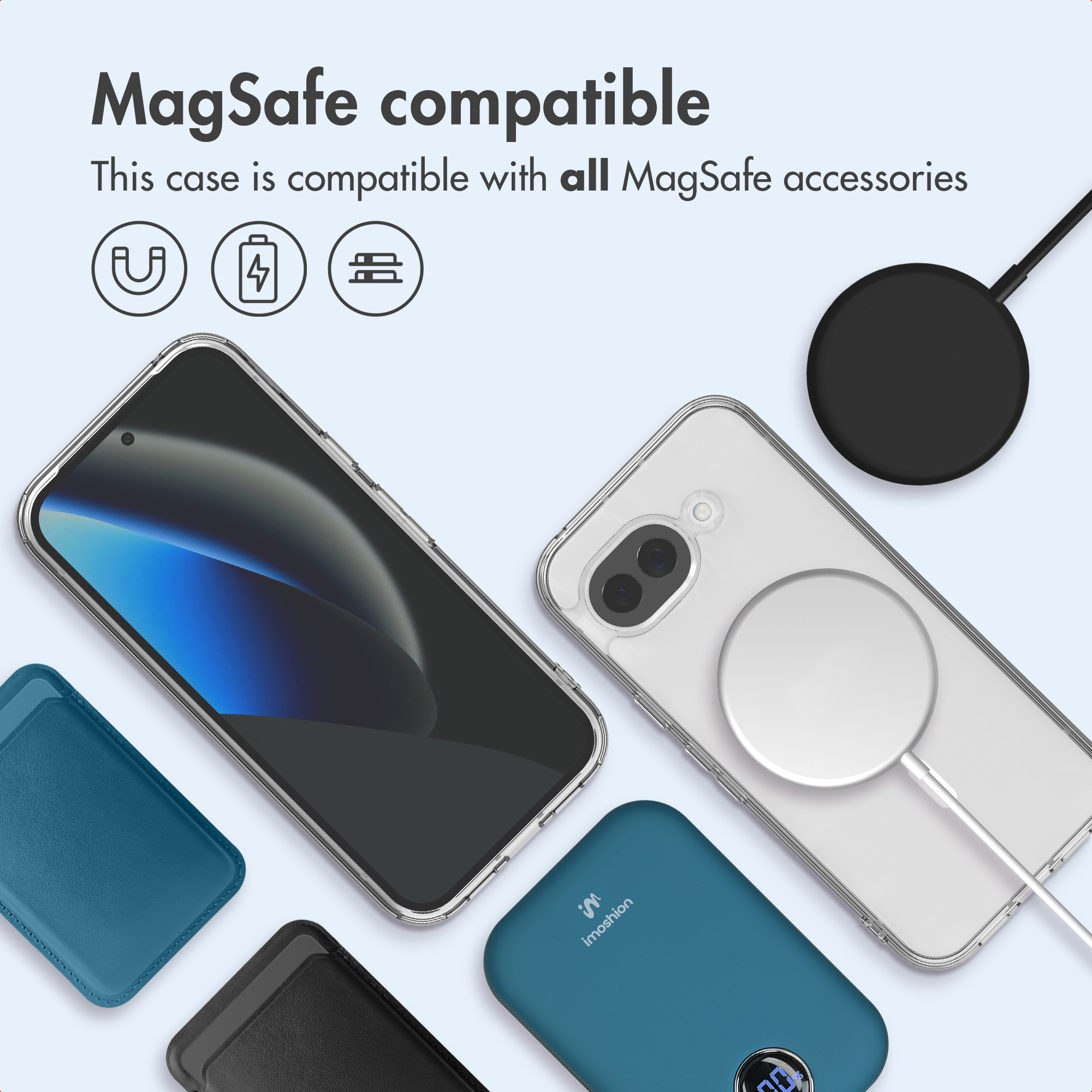 Funda compatible con MagSafe con cargador inalámbrico y accesorios sobre fondo claro.