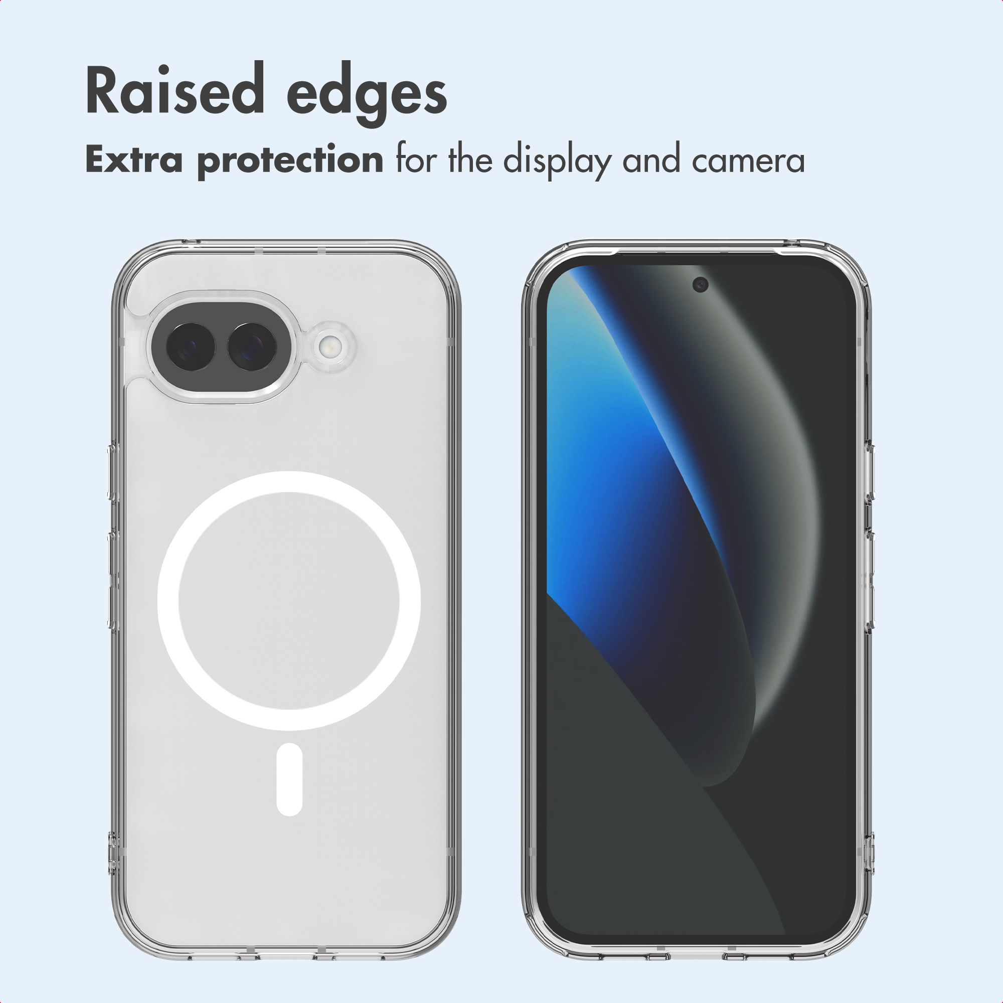 Funda transparente para teléfono con anillo MagSafe, vista frontal y trasera.