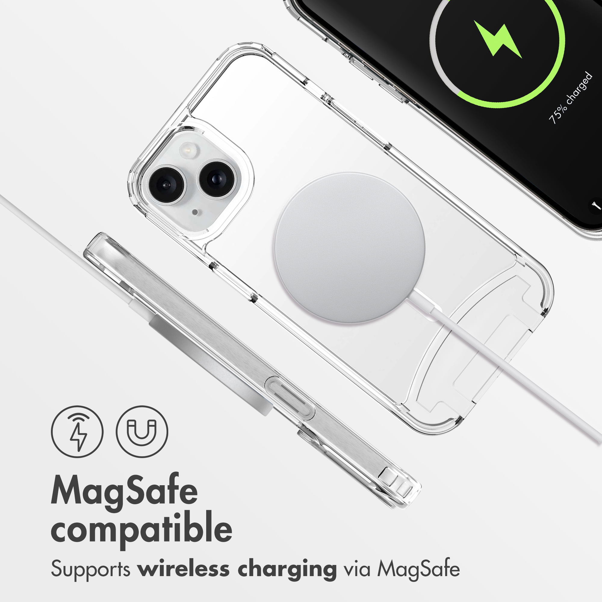 Funda transparente MagSafe con disco de carga sobre fondo blanco.