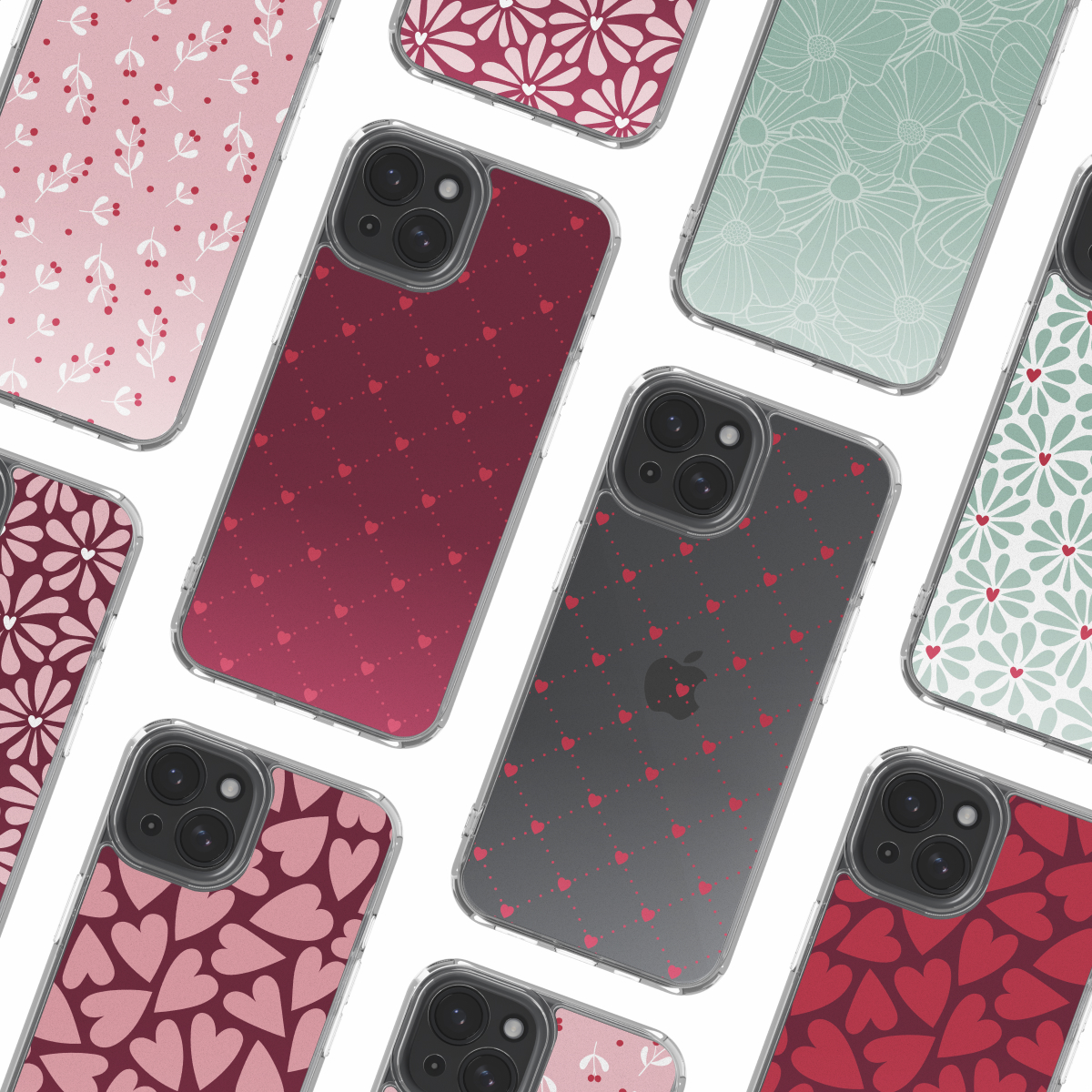 Diverse iPhone-hoesjes met kleurrijke patronen van harten, bloemen en bessen.