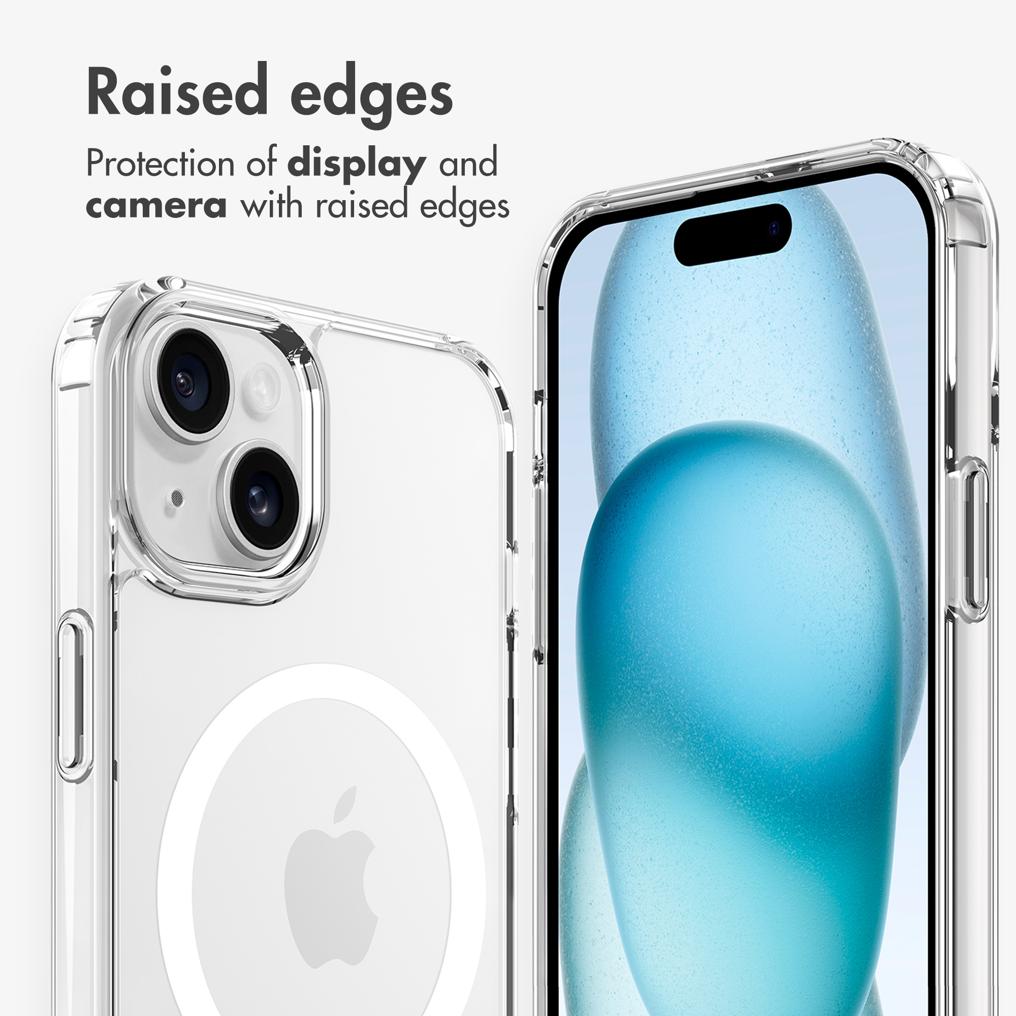 Funda de teléfono transparente con bordes elevados para proteger la pantalla y la cámara.
