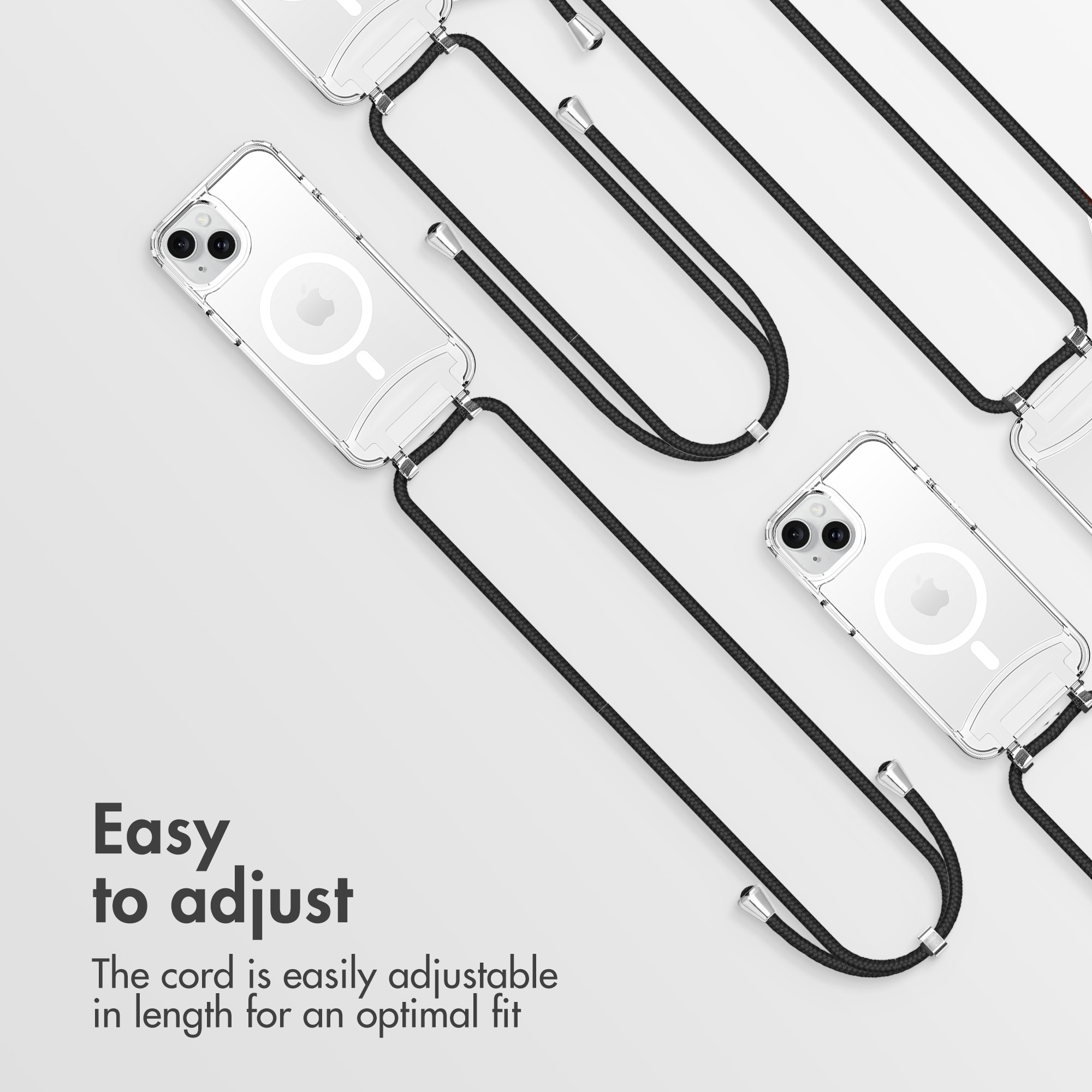 Fundas transparentes para teléfonos con cordones negros ajustables sobre fondo claro.