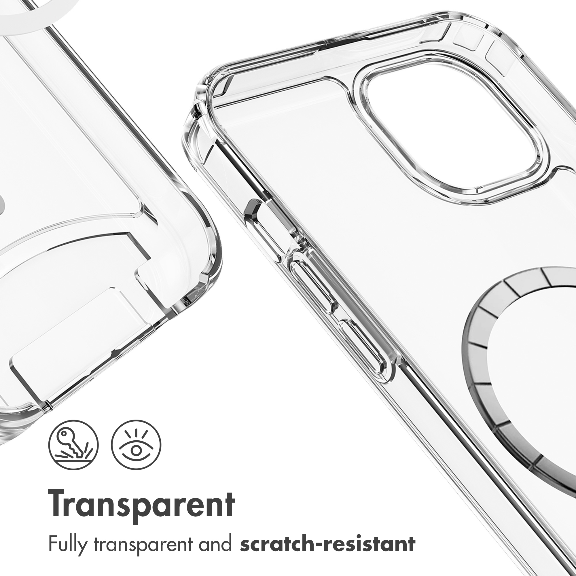 Funda de teléfono transparente y resistente a los arañazos sobre fondo blanco.