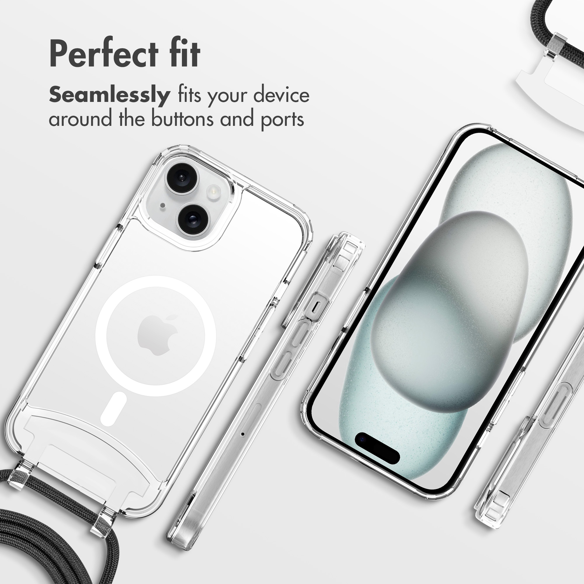 Funda de móvil transparente con MagSafe y cordón, mostrada por delante y por detrás.
