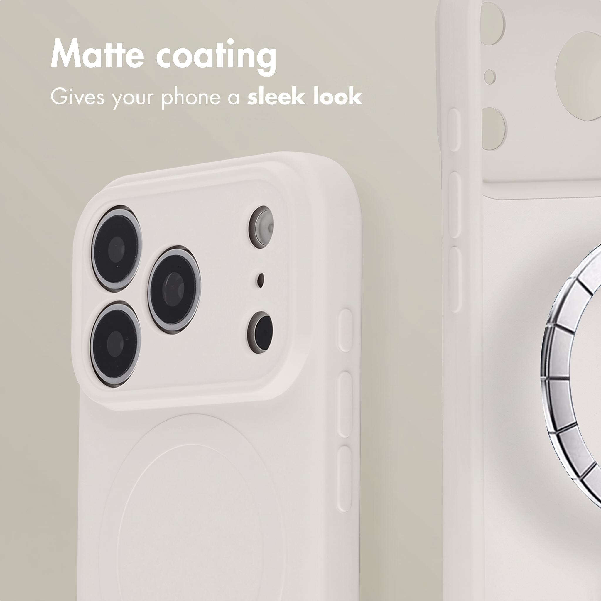 Una custodia per telefono bianca opaca con ritaglio per fotocamera e testo. Matte coating gives your phone a sleek look.