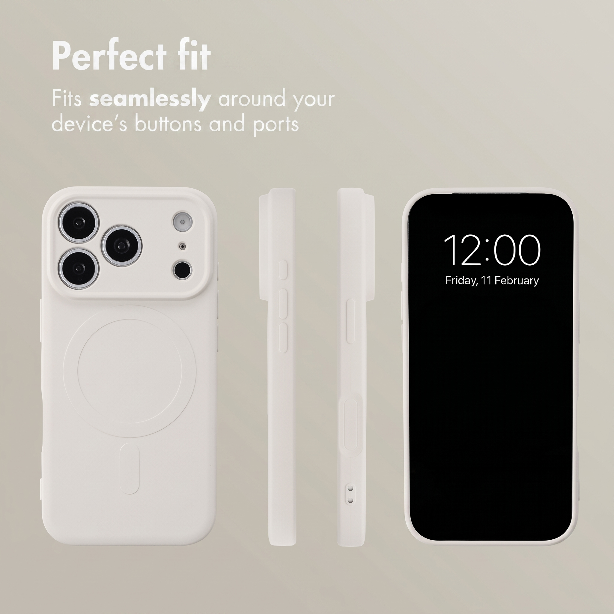 Custodia bianca per smartphone mostrata da dietro, lati e fronte su sfondo beige con testo promozionale.