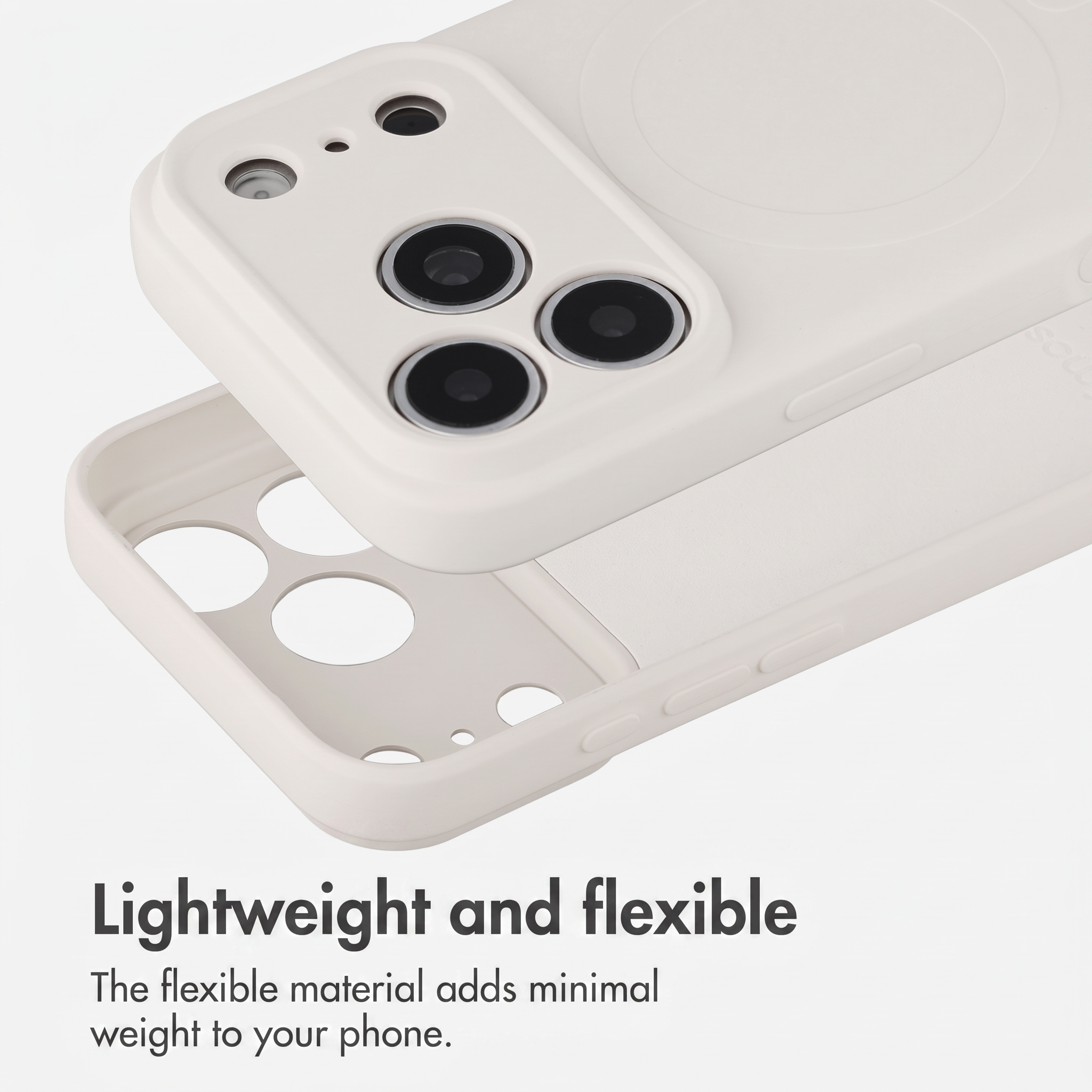 Custodia per telefono beige leggera e flessibile con protezione per fotocamera.