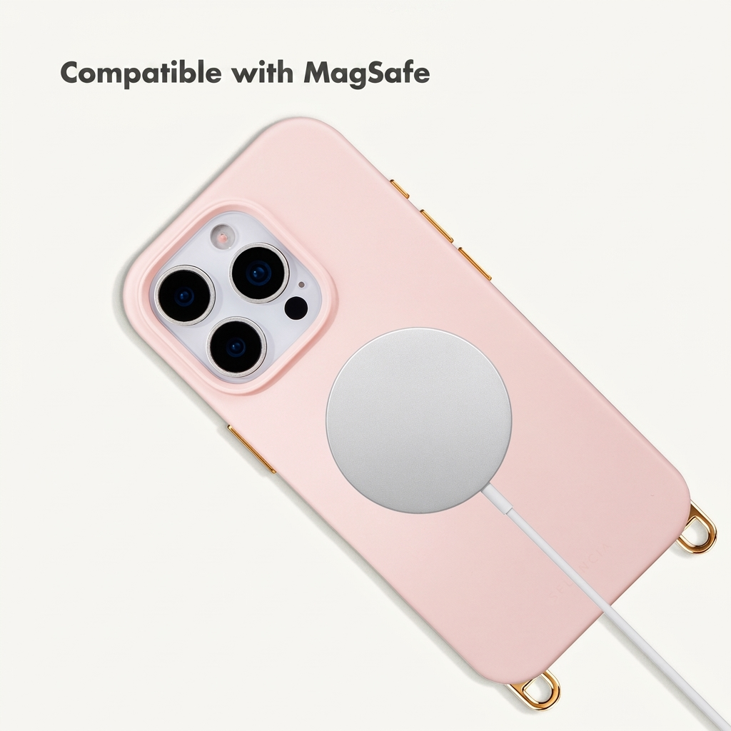 Un teléfono rosa con funda yace sobre fondo claro, conectado a un cargador MagSafe plateado.