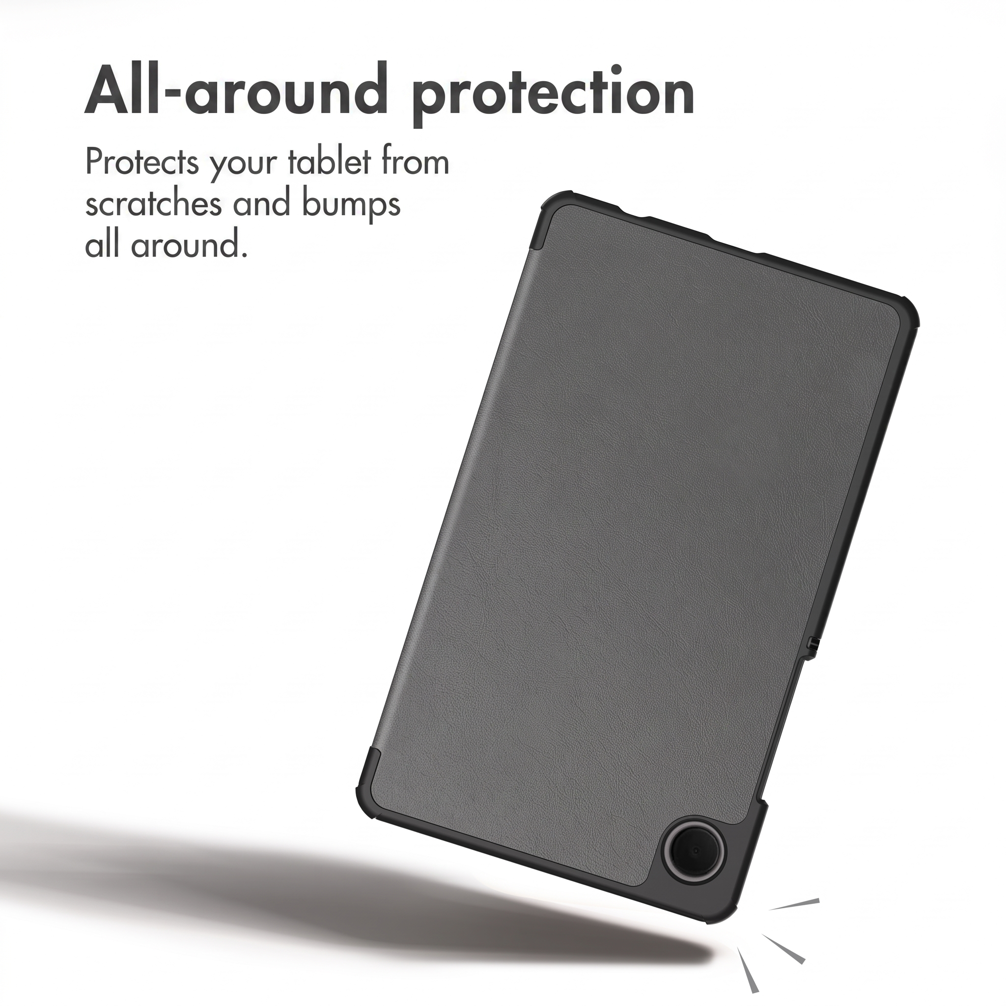 A grey tablet with protective case and text about all-around protection.