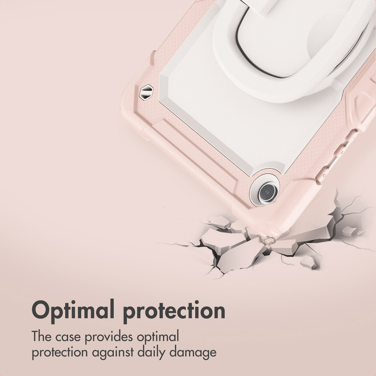 A pink tablet case with built-in stand and rugged corners protects against a cracked surface background.