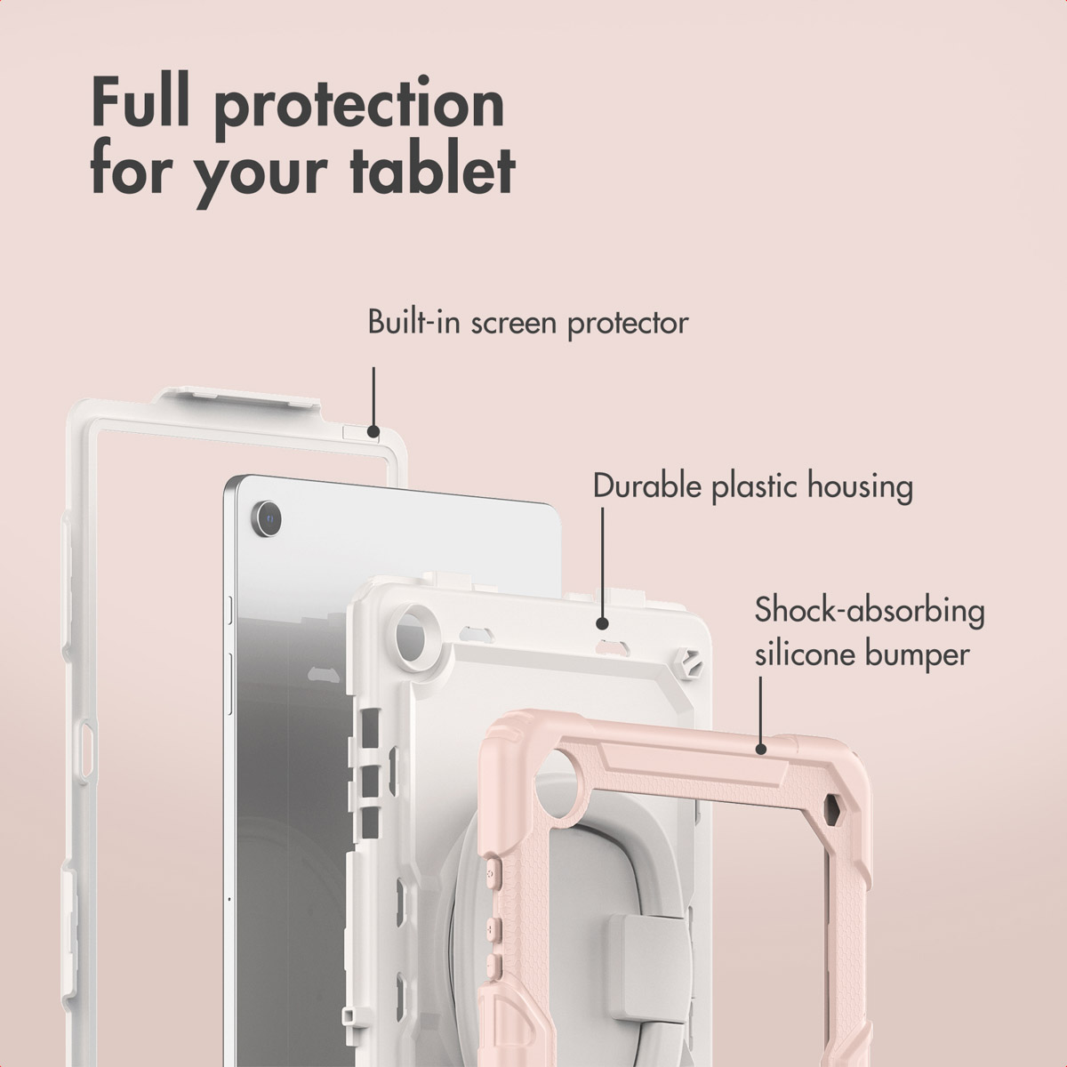 Exploded view of a tablet case showing built-in screen protector, durable plastic housing, and silicone bumper.