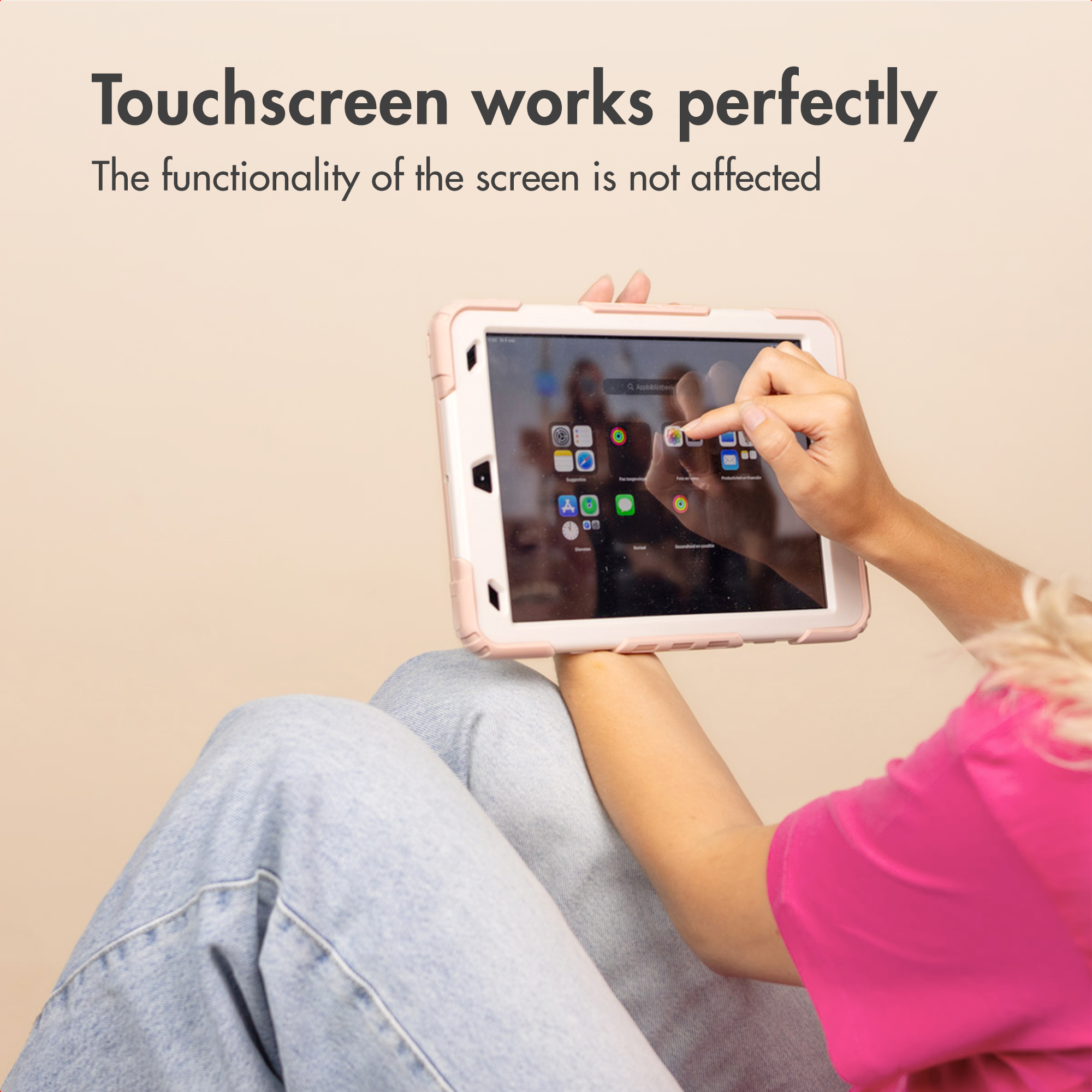 A person uses a stylus on a tablet in a pink case. Text above reads Touchscreen works perfectly.