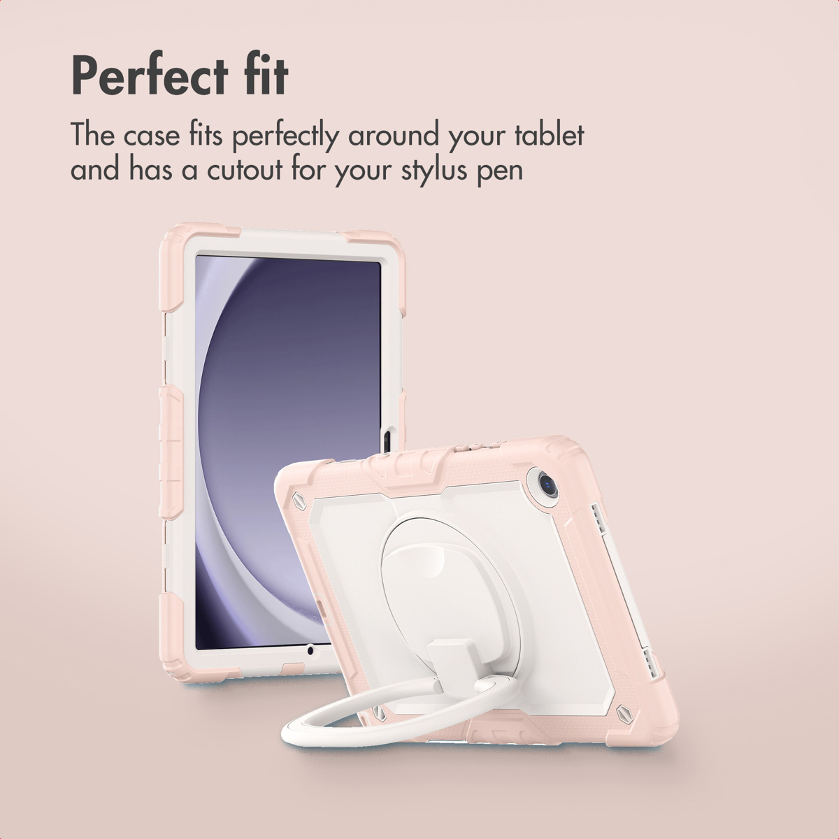 Pink tablet case with stand and stylus holder on light pink background.