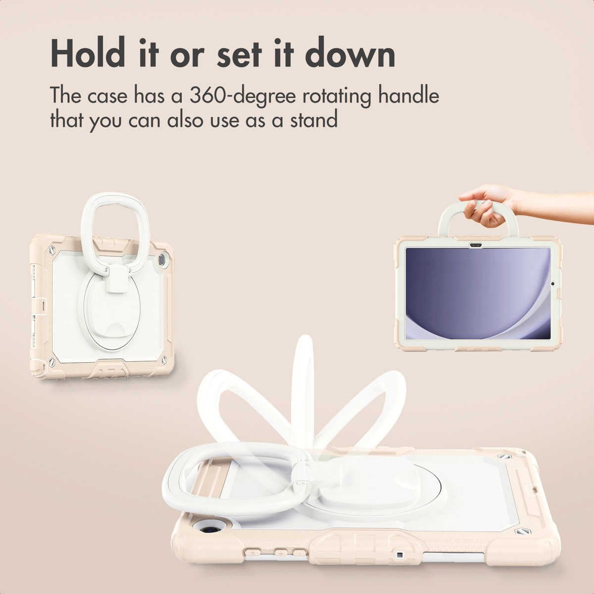 A beige tablet case with a 360-degree rotating white handle that can also function as a stand.