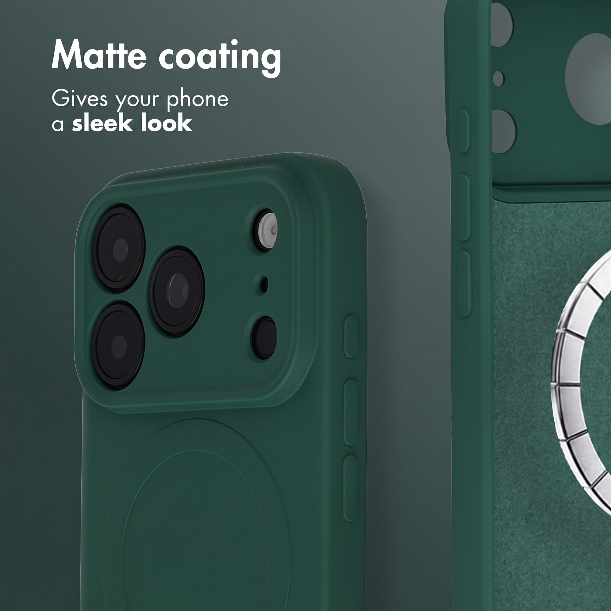Custodia per smartphone verde scuro con rivestimento opaco e foro per fotocamera su sfondo scuro.